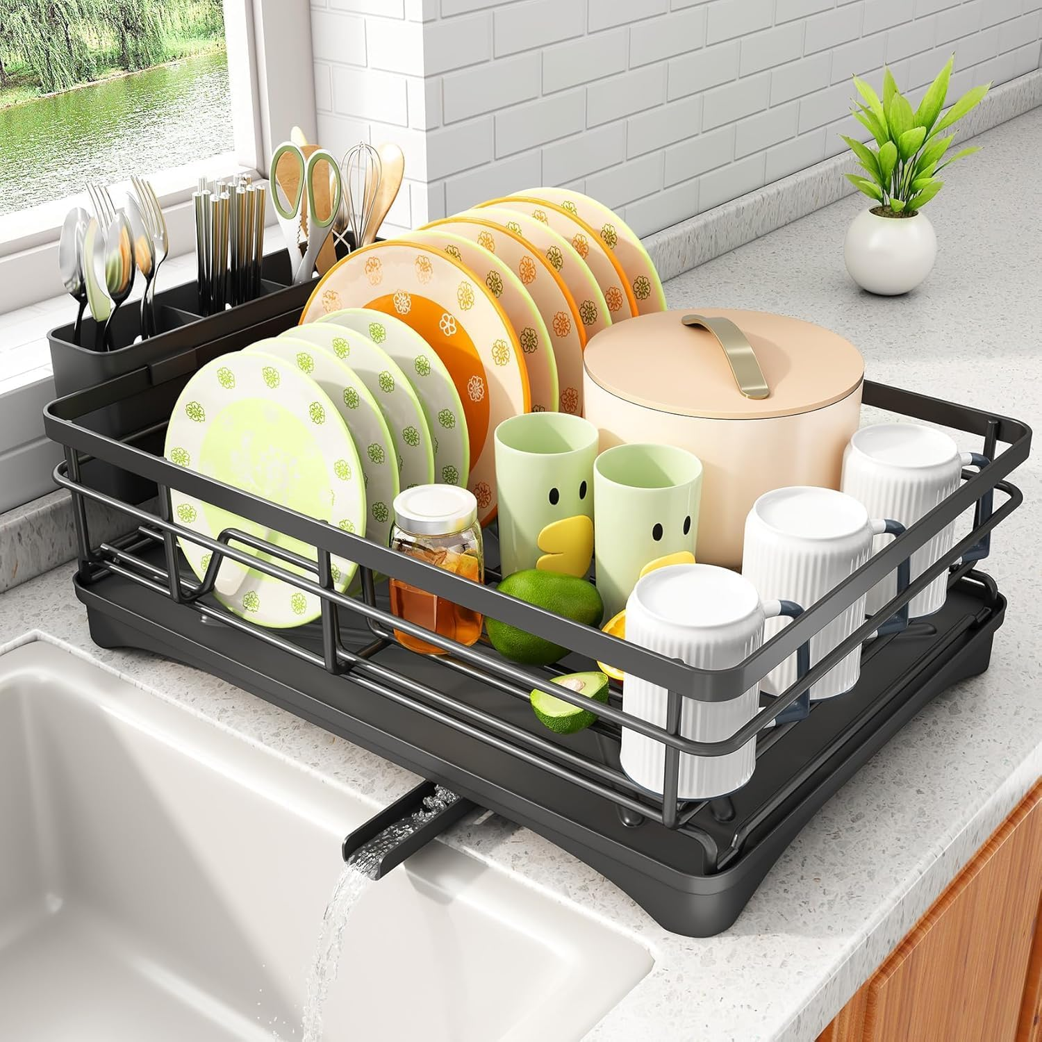 Stainless Steel Dish Rrying Rack for Kitchen Countertop - Large Capacity Dish Drainer with Utensil Holder for Plates, Spoons, and Forks, Black image number 3