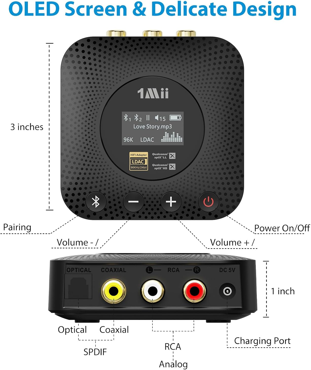 1Mii B06HD+ Bluetooth Receiver, Hifi Bluetooth 5.0 Audio Adapter W/Audiophile DAC, LDAC, Aptx HD & Low Latency, Volume Control & OLED Display for Home Stereo AV Receiver/Stereo Amplifier