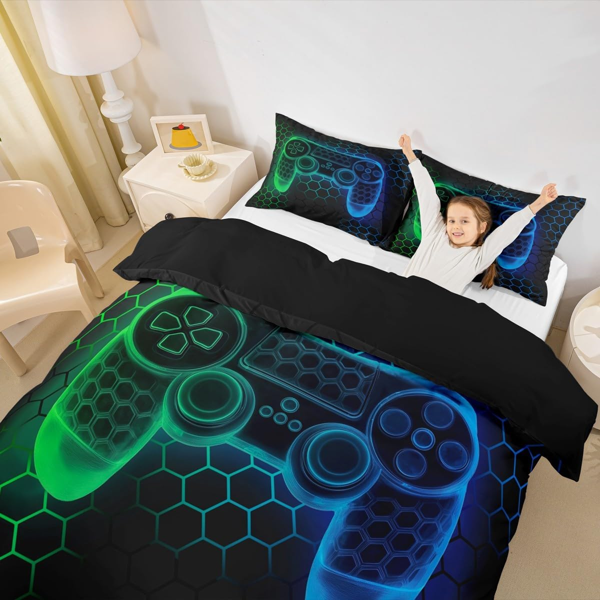 Loussiesd Kids Gamer Honeycomb Duvet Cover Set Single Size for Boys Girls Teens Gaming Geometric Bedding Set Blue Green Neon Gamepad Comforter Cover with 1 Pillowcase Game Room Decor Beds Set image number 2
