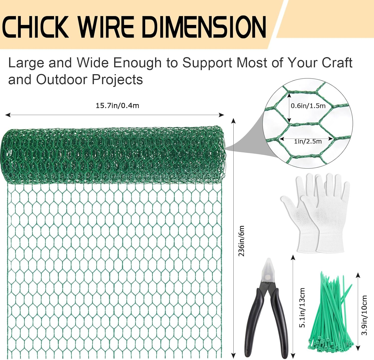 Chicken Wire 15.7In X 236In with a Pair of Gloves，1 Wire Cutter，50 Pcs Cable Zip Ties, Floral Chicken Wire Mesh 0.8In Hexagonal Galvanized PVC Coated Garden Netting Fence for Craft Poultry Garden image number 5