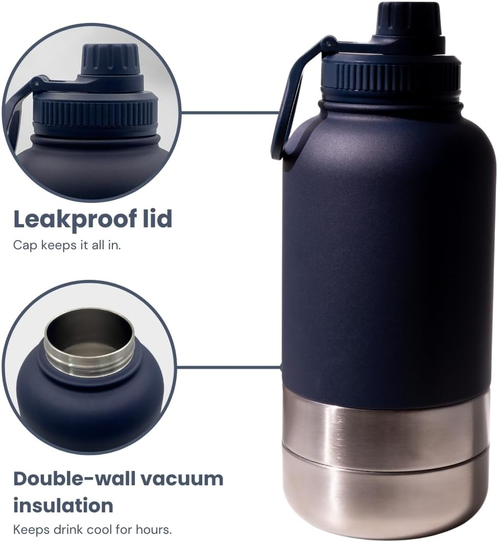 2-In-1 Dog Water Bottle & Food Dispenser, Insulated Stainless Steel Travel Bottle with Built-In Bowl, Portable Pet Hydration for Hiking & Outdoors (Dark Blue) image number 1