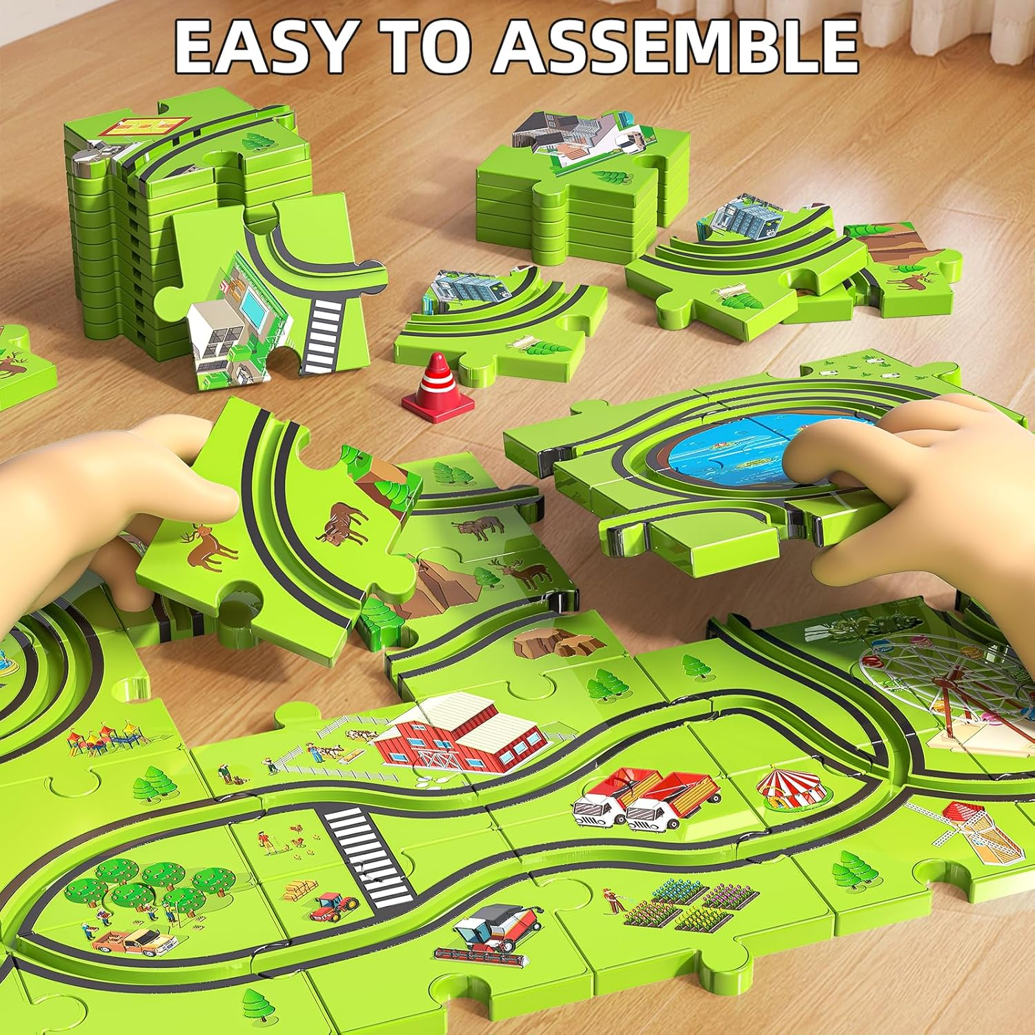 JUKUDAHU 48 Pieces Puzzle Race Track Car Set Toys for 3 4 5 6 Year Old Boys, City Themed Playset for Kids Ages 3-5 with 2 Small Toy Cars, Indoor Boys Girls Birthday Gifts for Toddlers 1-3 3-5 4-8