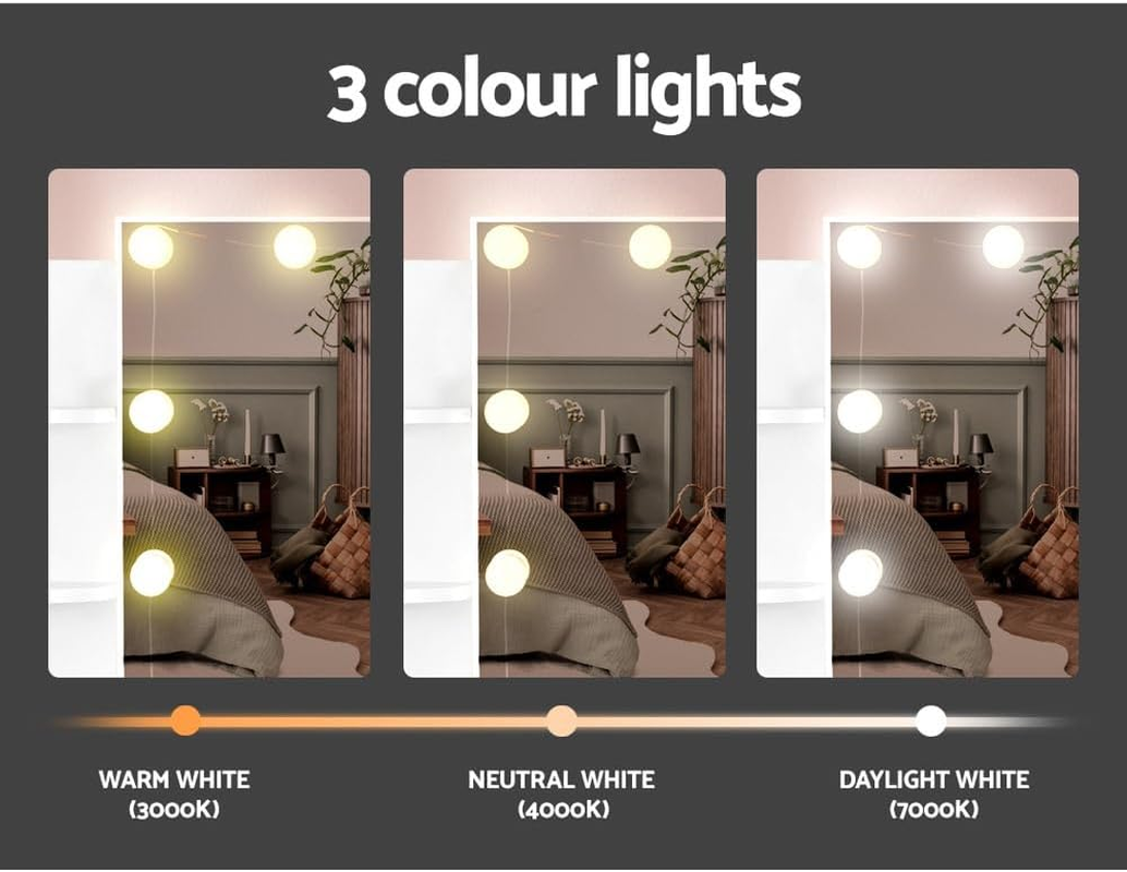 Artiss Dressing Table, Dressing Table with Mirror Lights 10 Bulbs LED Mirror Makeup Stool Set Wooden Vanity Desk Chair, Home Bedroom Furniture Girls Women Organisers, Drawers Shelves Tabletop White image number 5