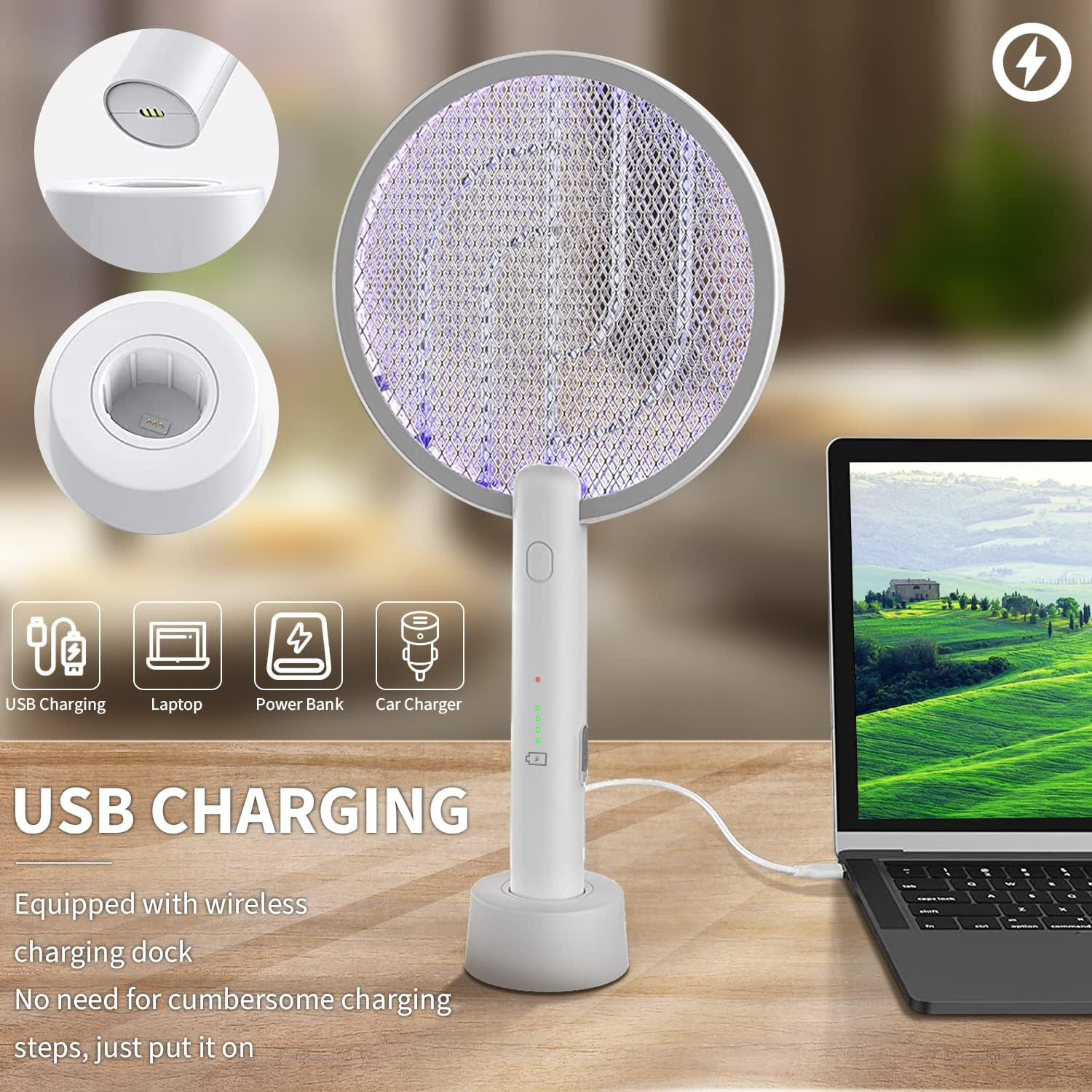 STORMHERO Electric Fly Swatter Zapper, Mosquito Swatter Racket Bug Zapper, USB Rechargeable Mosquito Killer, 3-Mode Wireless Fly Zapper with Trapping Light and Base for Indoor, Outdoor, Camping image number 1