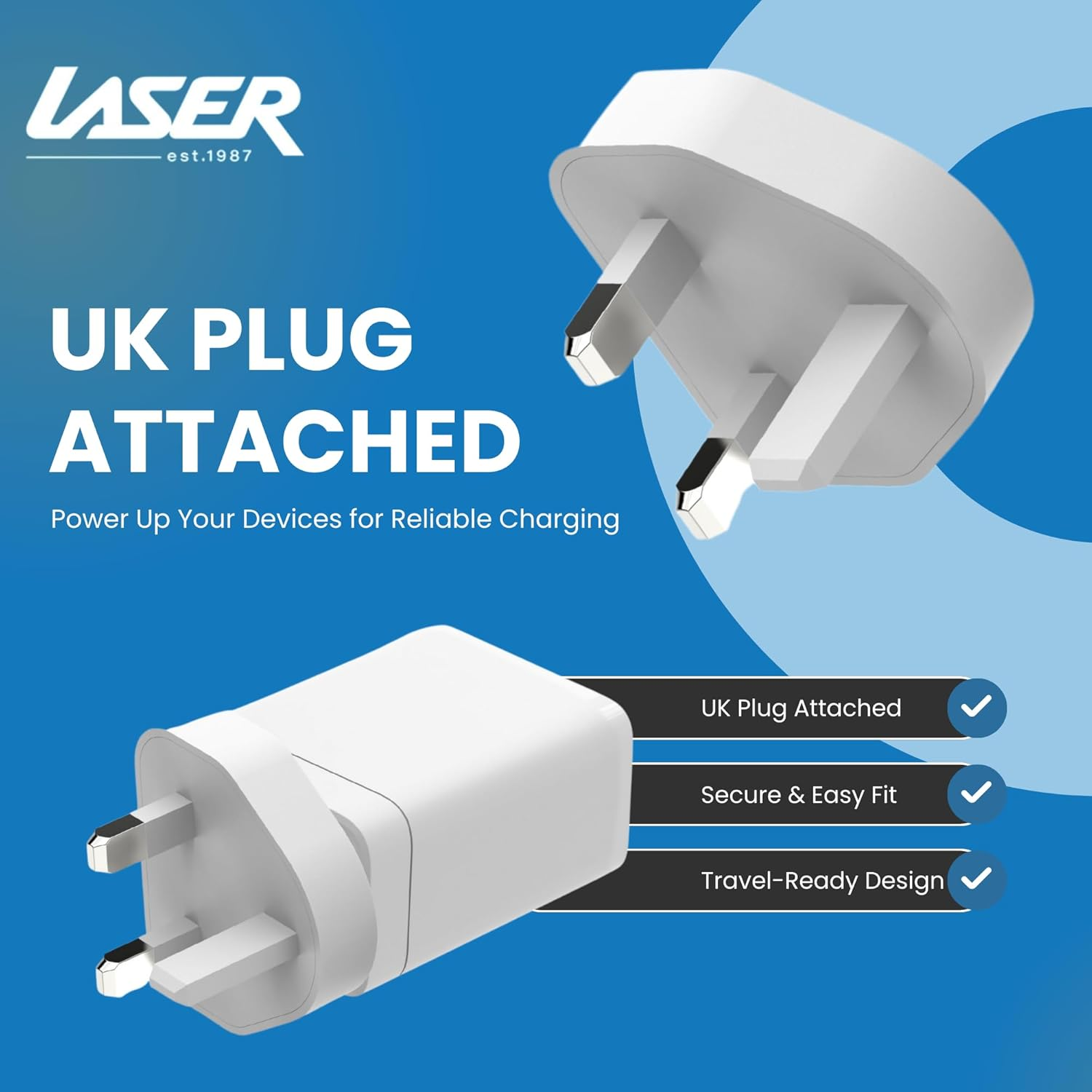 Laser 65W Gan Portable Travel Charger &ndash; 4 International Universal Adapters (AU/EU/UK/USA), 3-Port Fast Charging (2 USB-C, 1 USB-A) for Laptops, Iphone 16/15/14, Galaxy S24/S23, Ipad Pro/Air &ndash; White