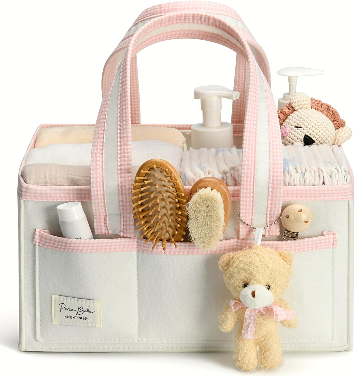 Perabella Diaper Caddy Organizer with Handle, Baby Shower Gifts Basket Bag, Registry Search Must Haves Items, Nursery Storage Organizer for Newborn Girl Boy, Baby Bag Essentials, Car Diaper Caddy Cart