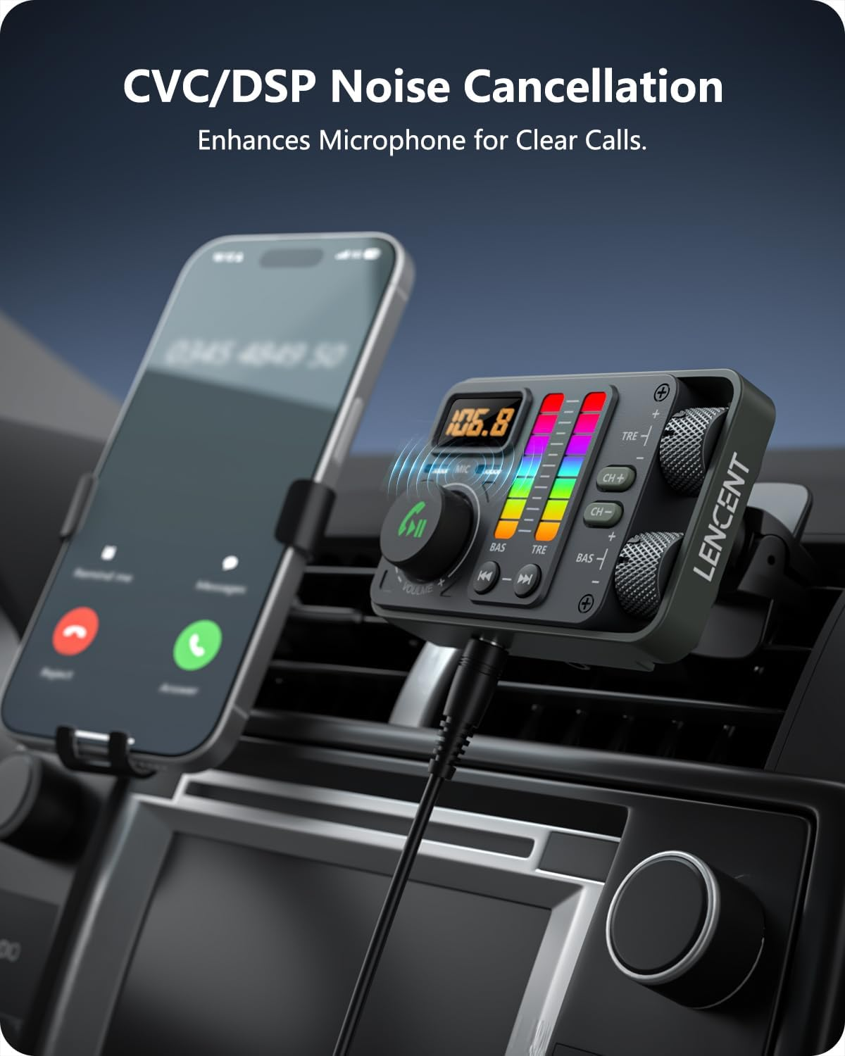 LENCENT Bluetooth 5.3 Car FM Transmitter, Hi-Fi Treble & Bass Music Player, PD20W QC18W Fast Car Charger, Radio Bluetooth Car Adapter with Dual Mics for Hands-Free Call, Siri, U Disk/3.5Mm AUX image number 4