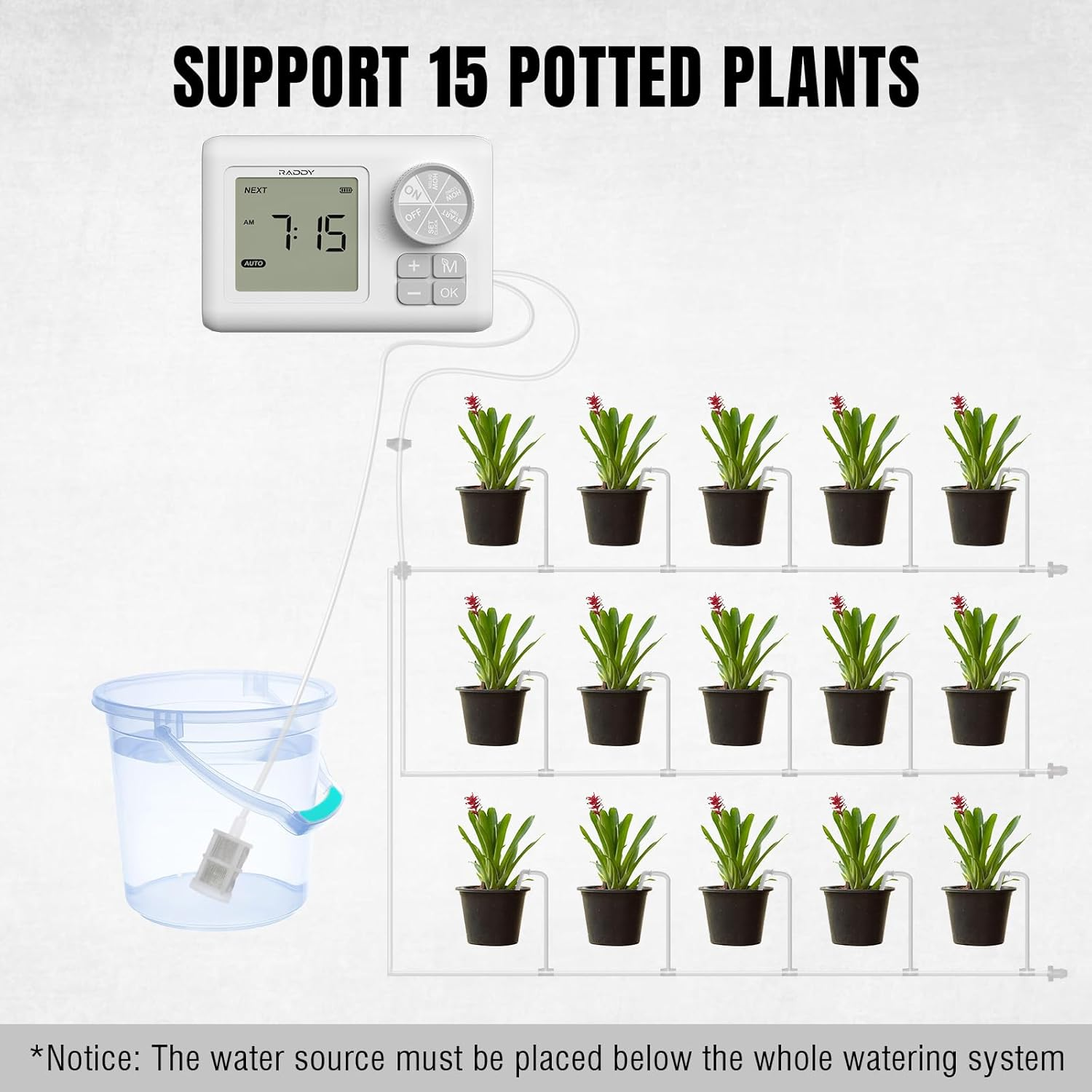 Raddy WS-6 Automatic Plant Waterer, Indoor Plant Watering System for 15 Potted Plants, Programmable Water Timer with LCD Display, USB Power, Water Shortage Alarm for Balcony Greenhouse White