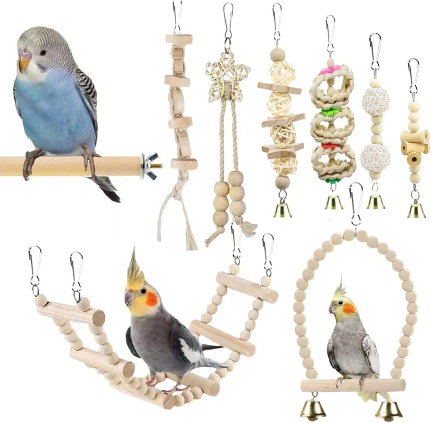 Bird Parrot Cage Swing Toys, Chewing Standing Hanging Perch Hammock with Climbing Ladder, for Budgerigar Parakeet Cockatiel Finches image number 5