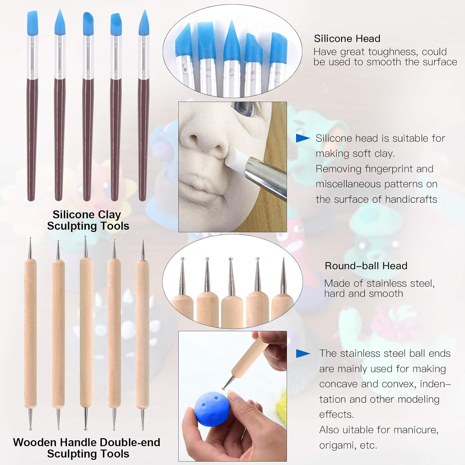 Glarks 28Pcs Carving Modeling Clay Sculpting Tools Set Including Plastic Modeling Tools, Dual-End Dotting Clay Tools, Ball Stylus, Silicone Tip Pens and Sculpture Knives for Embossing Art, Coloring image number 2