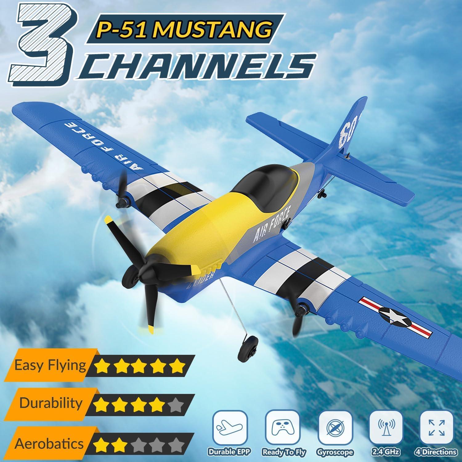 HAWK'S WORK 3 Channel RC Plane P-51D Mustang, Remote Control Airplane Ready to Fly, 2.4Ghz 6-Axis Gyro Stabilizer, Easy to Fly for Kids & Beginners - 3Ch-Gray image number 3