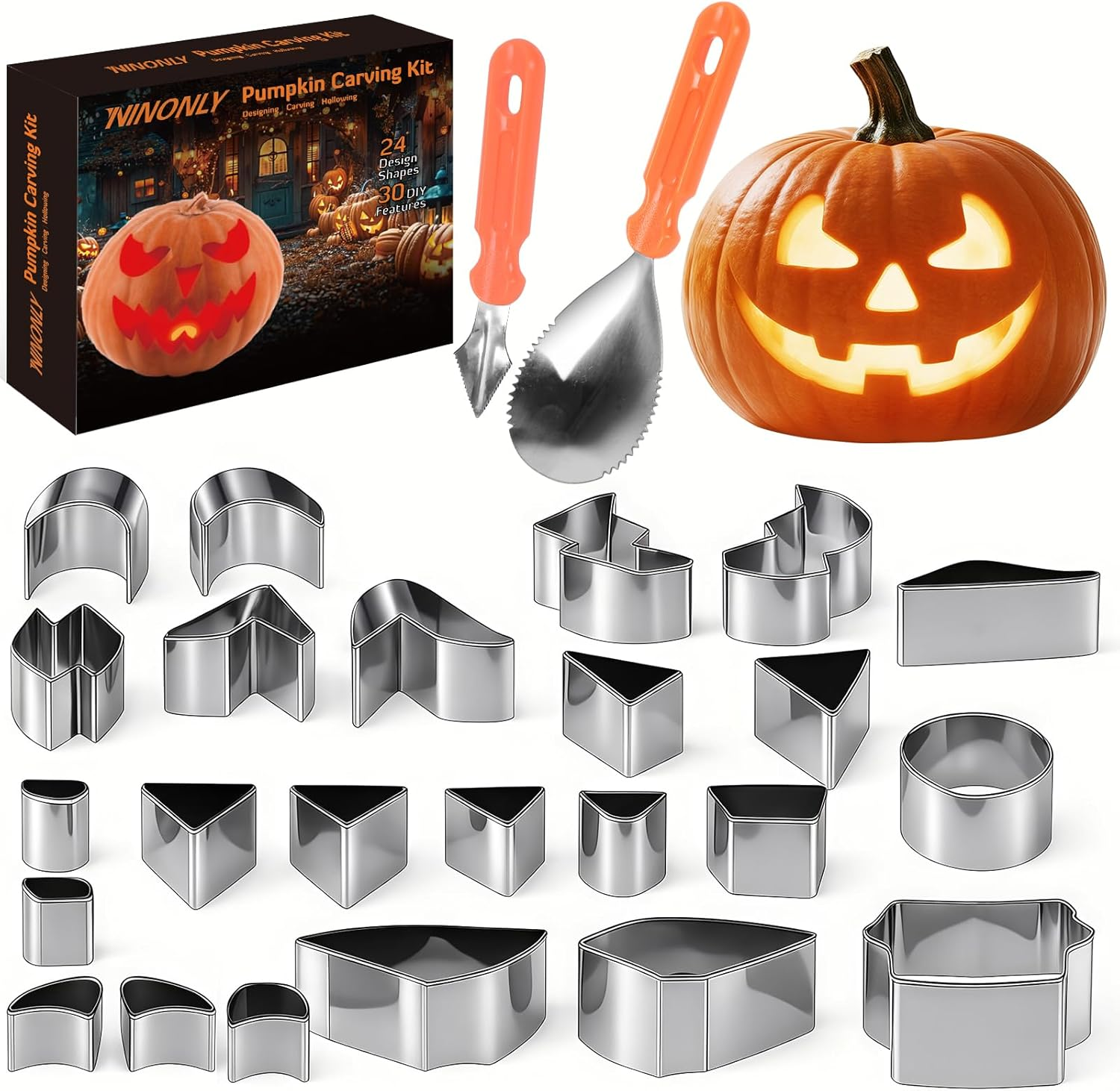Ninonly 26PCS Halloween Pumpkin Carving Kit, Halloween Pumpkin Carving Set with 24 PCS Stainless Steel Pumpkin Carving Knife Stencils & 2 Carving Tools, Carving Tools Kit for Halloween Decoration image number 2