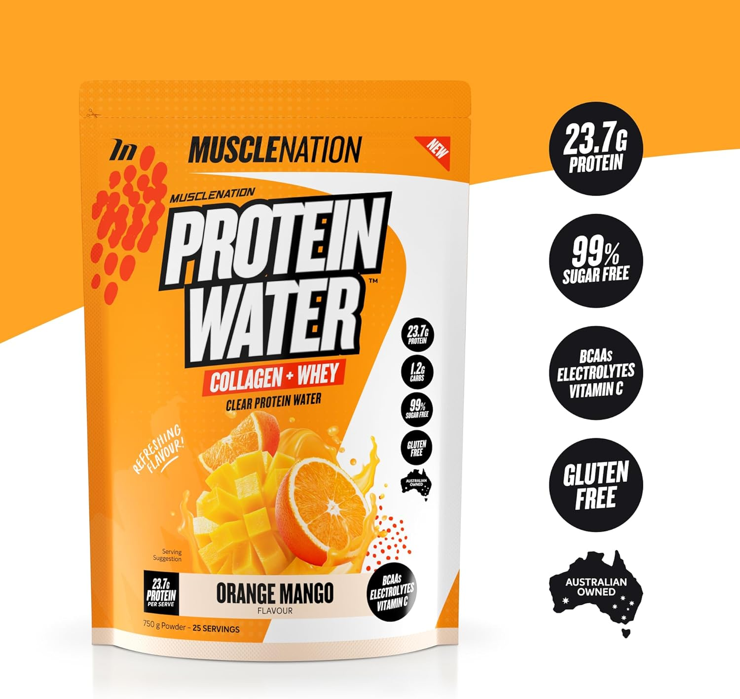 Muscle Nation Orange Mango Protein Water 750G (25 Serves) image number 2