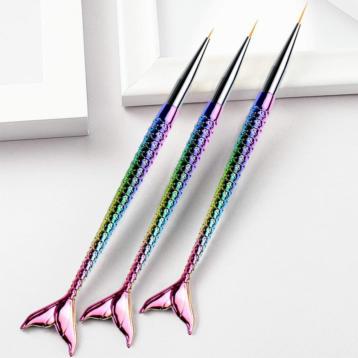 ANCLLO Pack of 3 Nail Art Brushes, Professional Nail Art Brushes, Colourful Fishtail Brushes, Dotting Tool Pieces, Nail Art Liner Brush, Nail Art Painting Liner Pen image number 2
