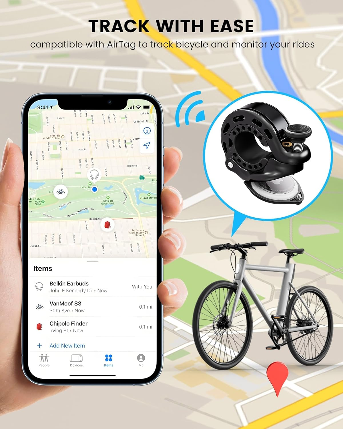 Bike Bell Compatible with Airtag, Loud Hidden Bicycle Bell for Adults and Kids, Compatible with Road Bikes, Mountain Bikes, Cross Bike, Etc., Handle Inner， Fit 22.2, 25.4, 31.8Mm Handlebars image number 1