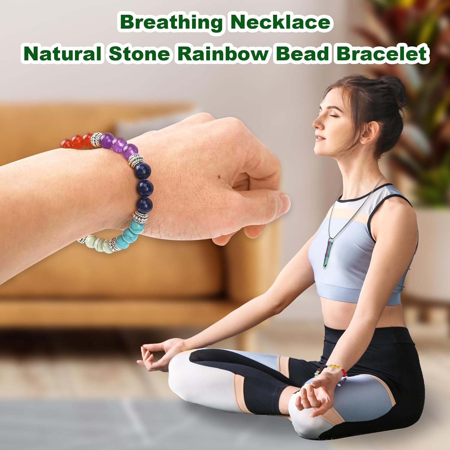 Mindful Breathing Necklace with Crystal Gemstone Chakra Bracelets, Stainless Steel Anxiety Necklace, Stone Beads Healing Bracelets for Women Men, Meditation Tool Quit Smoking (Stainless Steel) image number 2