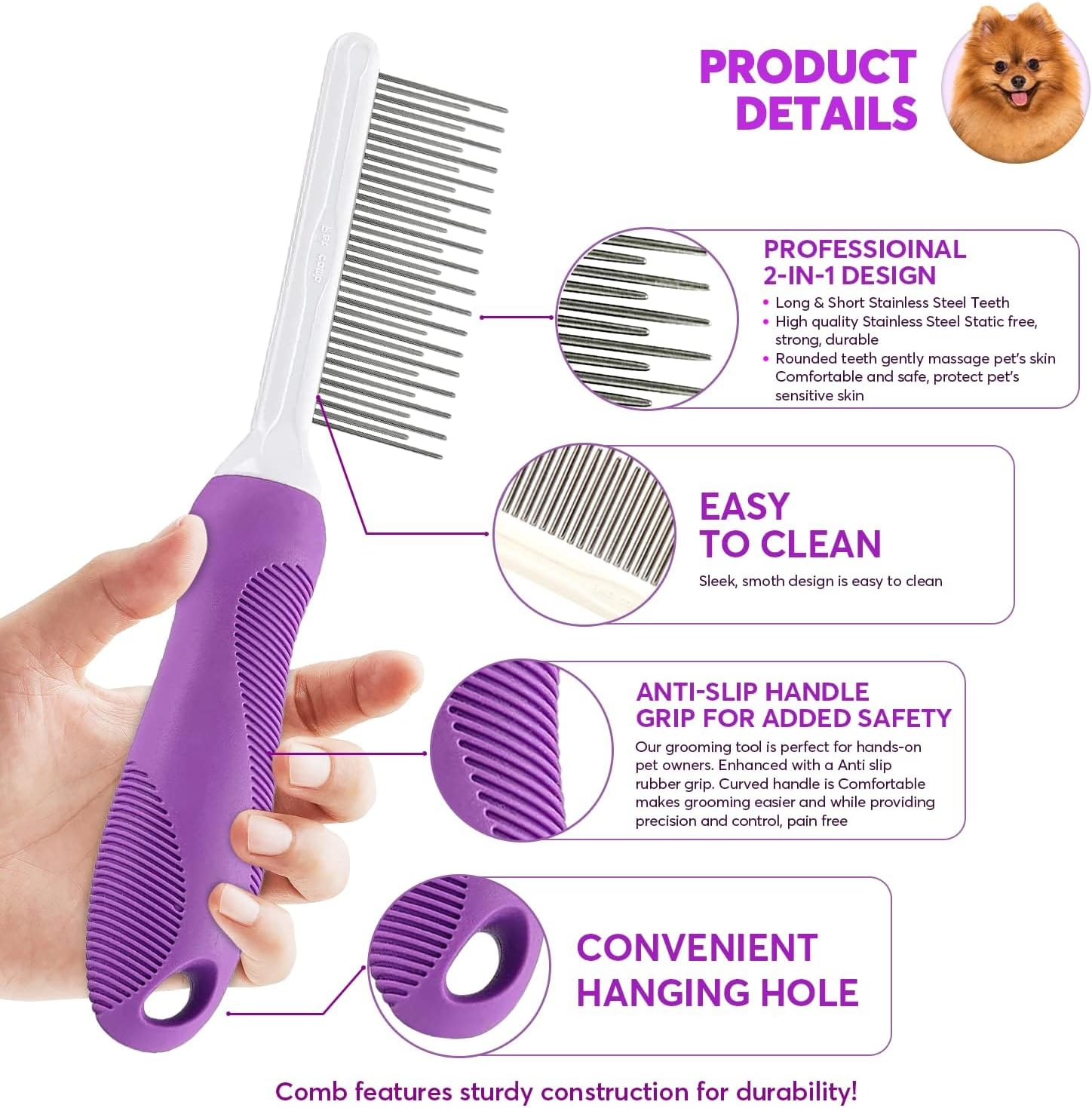 Pet Comb with Long & Short Stainless Steel Teeth - Dog Comb for Removing Matted Fur, Knots & Tangles &ndash; Detangler Tool Accessories for Safe & Gentle DIY Dog & Cat Grooming image number 6