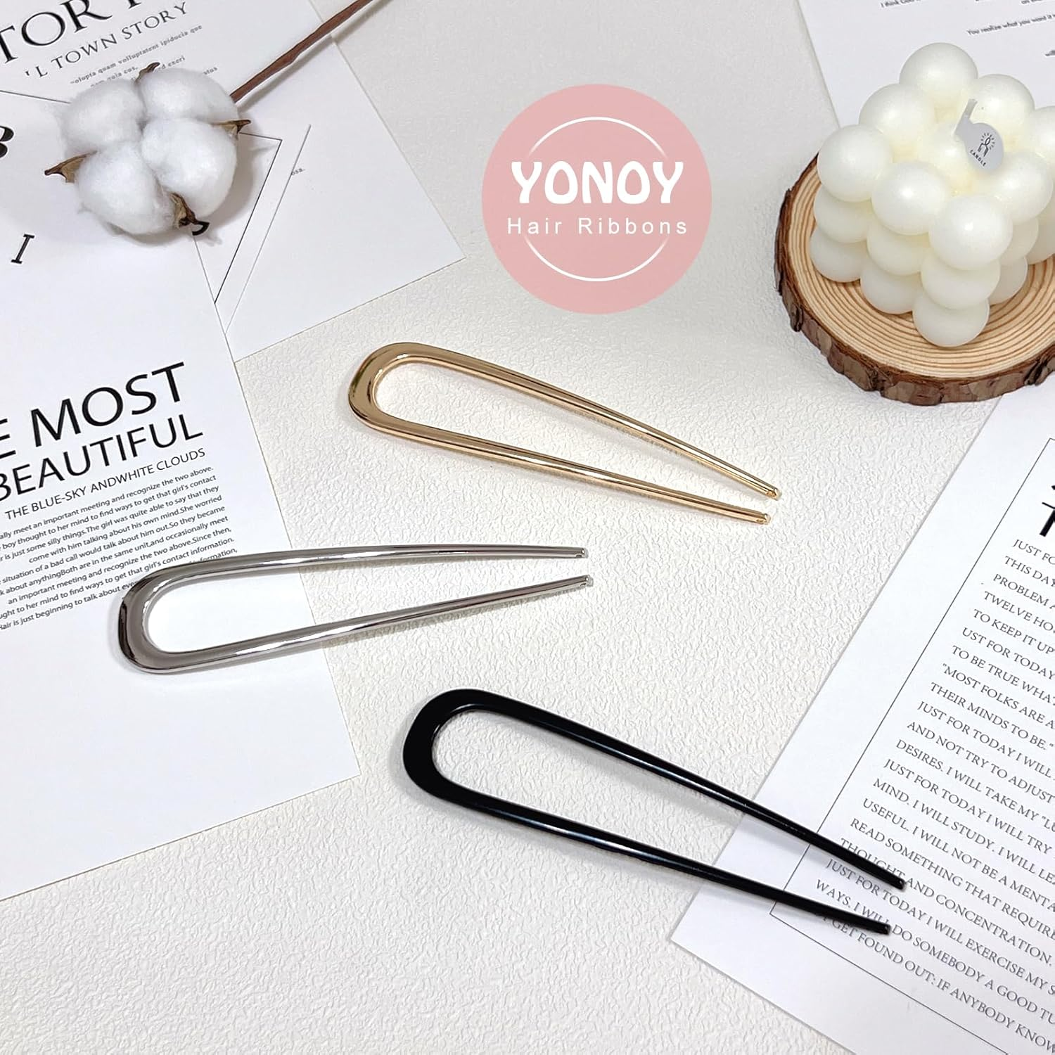 YONOY 3Pcs Metal French Hair Pins,U-Shaped Long Chignon 2 Prong Sticks for Buns, French Twist Hair Pin, Hair Sticks, Hair Fork(Black, Gold, Silver) image number 2