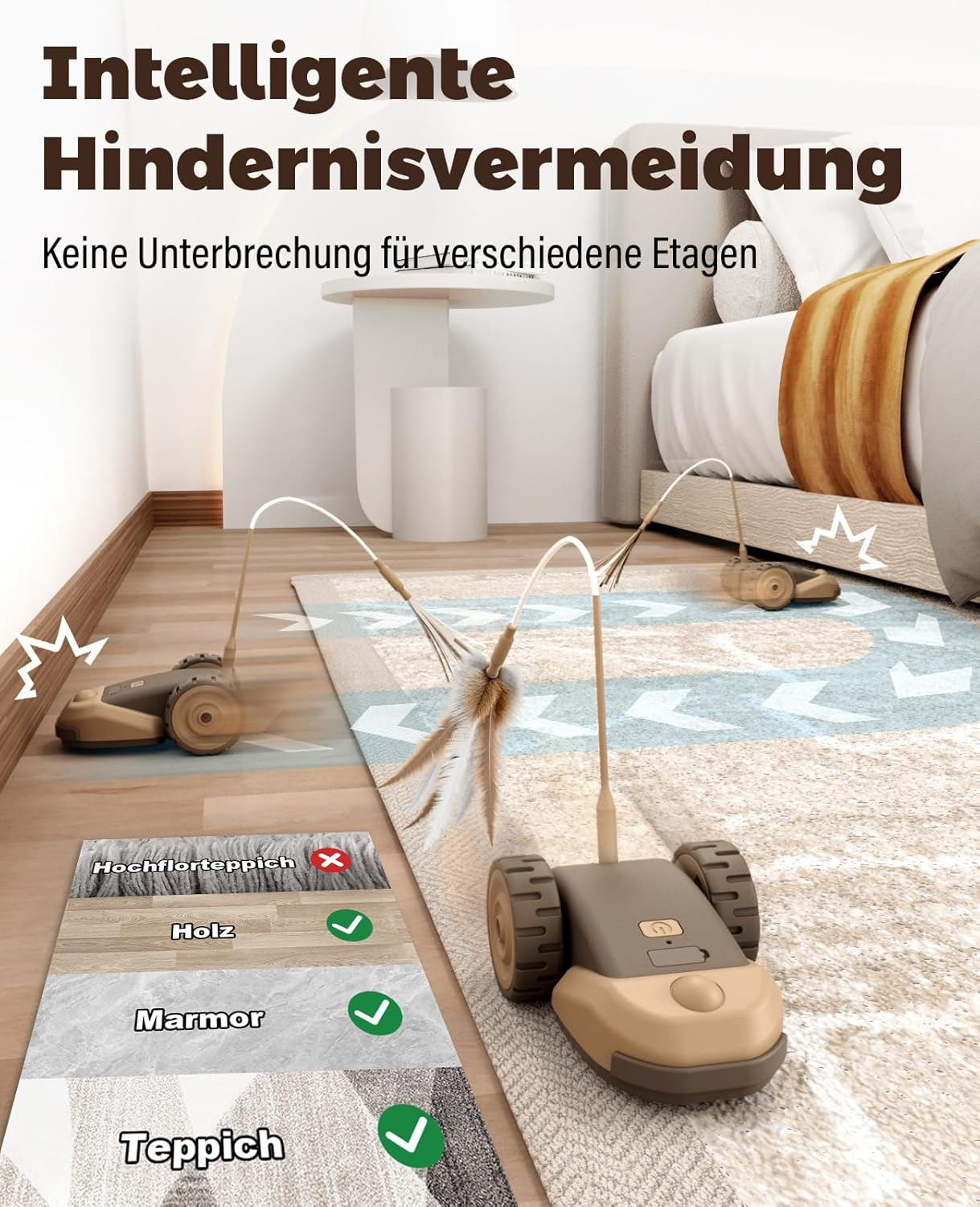 Casfuy 3-In-1 Interactive Cat Toy - 2-Speed Cat Toy Electric Self-Employment with 2 Pieces Hanging Feather Cord Band and Wiggly Silicone Mice Tail for Indoor Cats