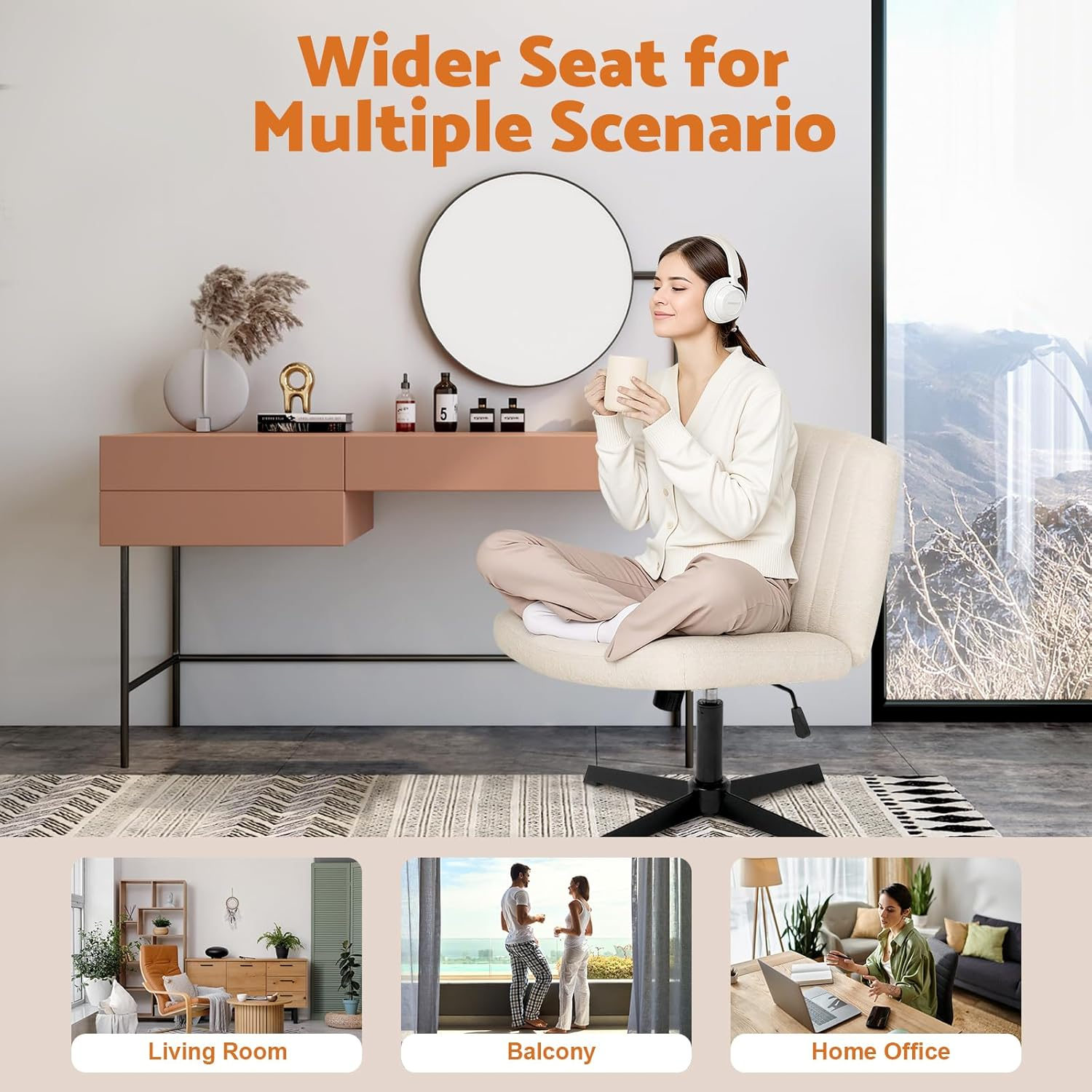 Advwin Criss Cross Legged Office Chair Armless Computer Chair with Wide Seat Swivel Vanity Chair with Adjustable Height Ergonomic Desk Chair for Home Office Study Bedroom Workstation, Beige image number 5