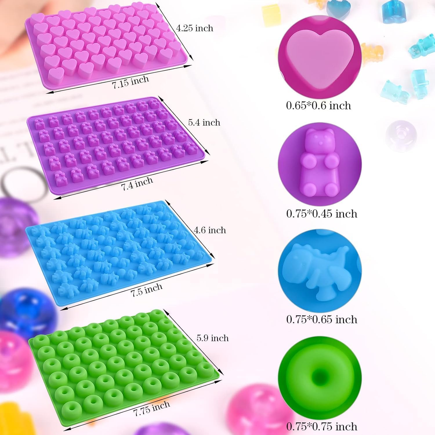 4 Pcs Gummy Candy Molds Silicone, Mini Fruit Silicone Gummy Mold with 4 Pcs Dropper for DIY Gummy, Non-Stick Silicone Candy Molds Including Bear Shape and Mini Donut for Chocolate Jelly, Candy image number 6