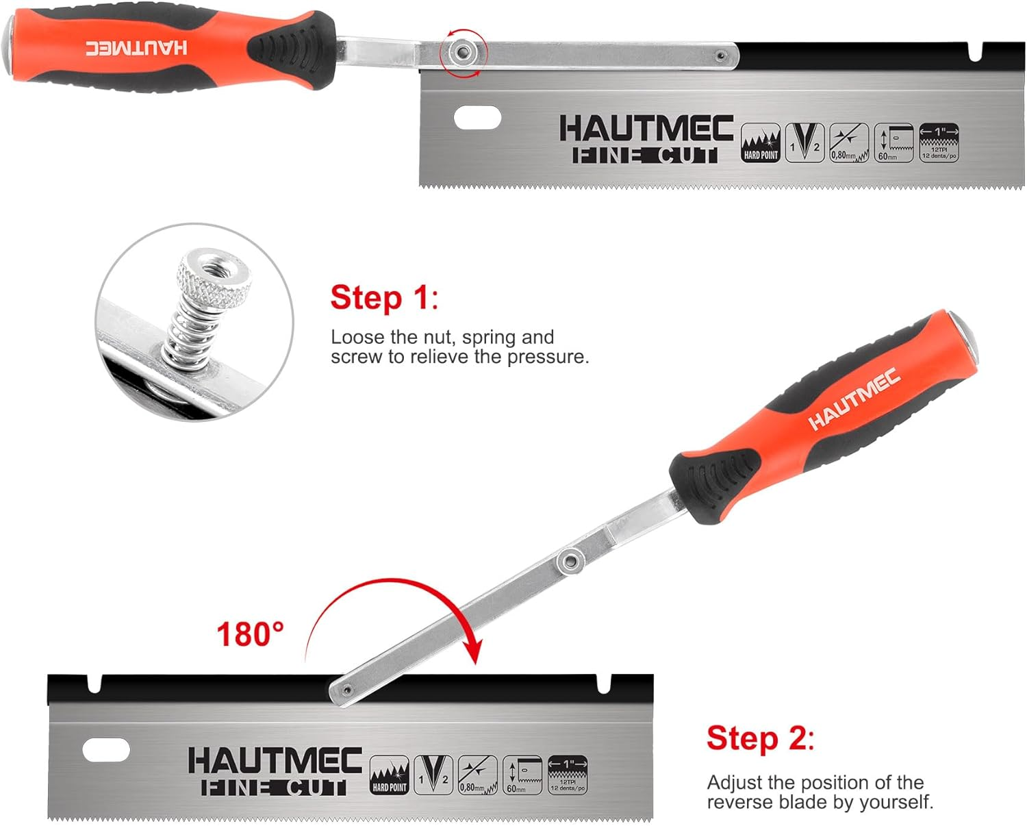 HAUTMEC 10" Reversible Dovetail/Jamb Saw, 12TPI Double Ground Teeth with Spring Loaded Design & Cranked Soft Handle for Flush-Cutting Door Jambs and Millwork for Tile Installation and Prep,Ht0234-Sa image number 4