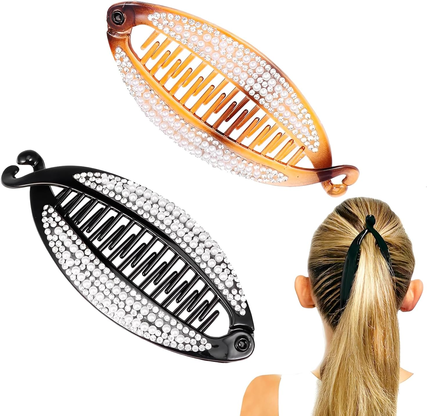 Norhogo Fish Shape Plastic Hair Clamps,Banana Hair Clips with Crystal Banana Clip Fish Shape Rhinestone for Women,Set of 2 image number 4