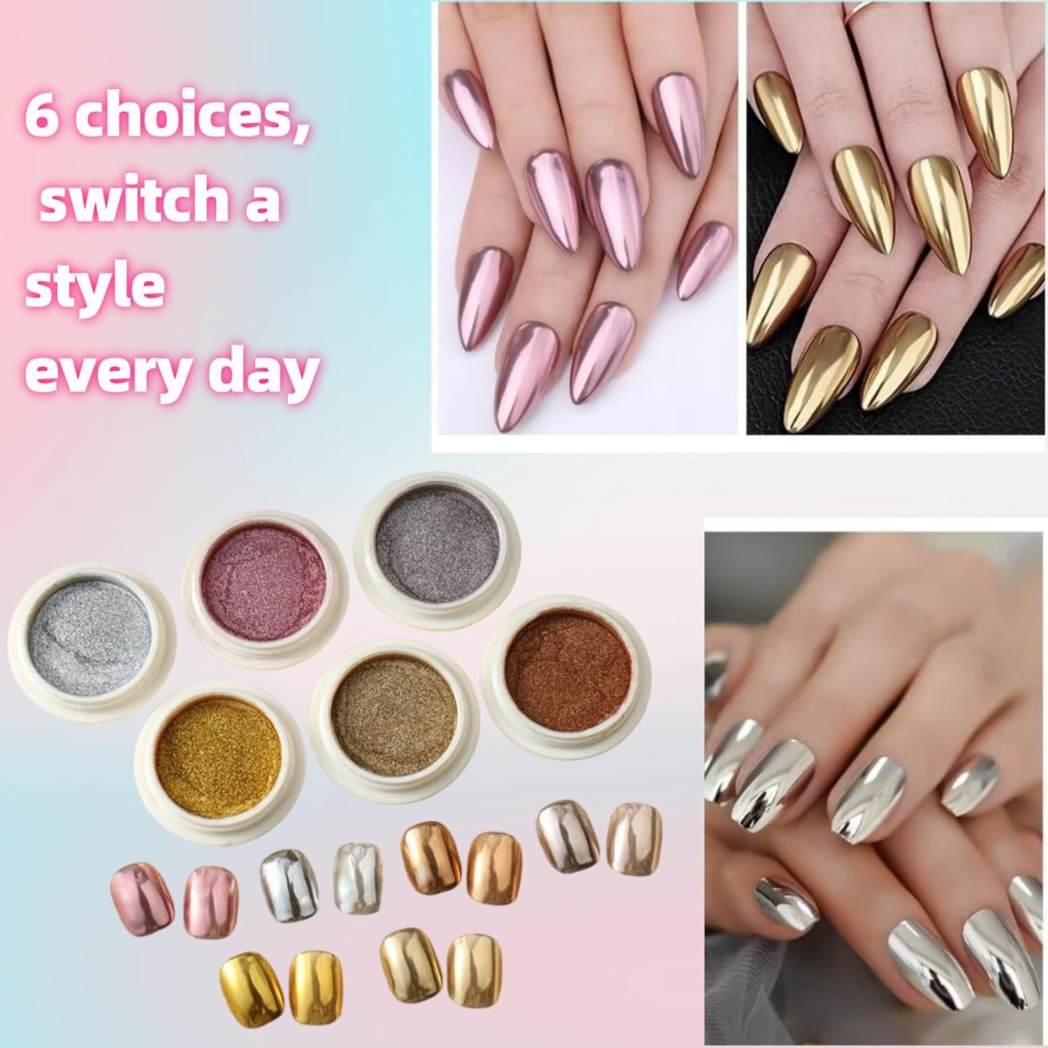 Luojinluoda Chrome Nail Powder 6 Jars Rose Gold Mirror Shine Manicure Pigment for Nail Art Decoration Salon & Home Use with Glitter Dust image number 3
