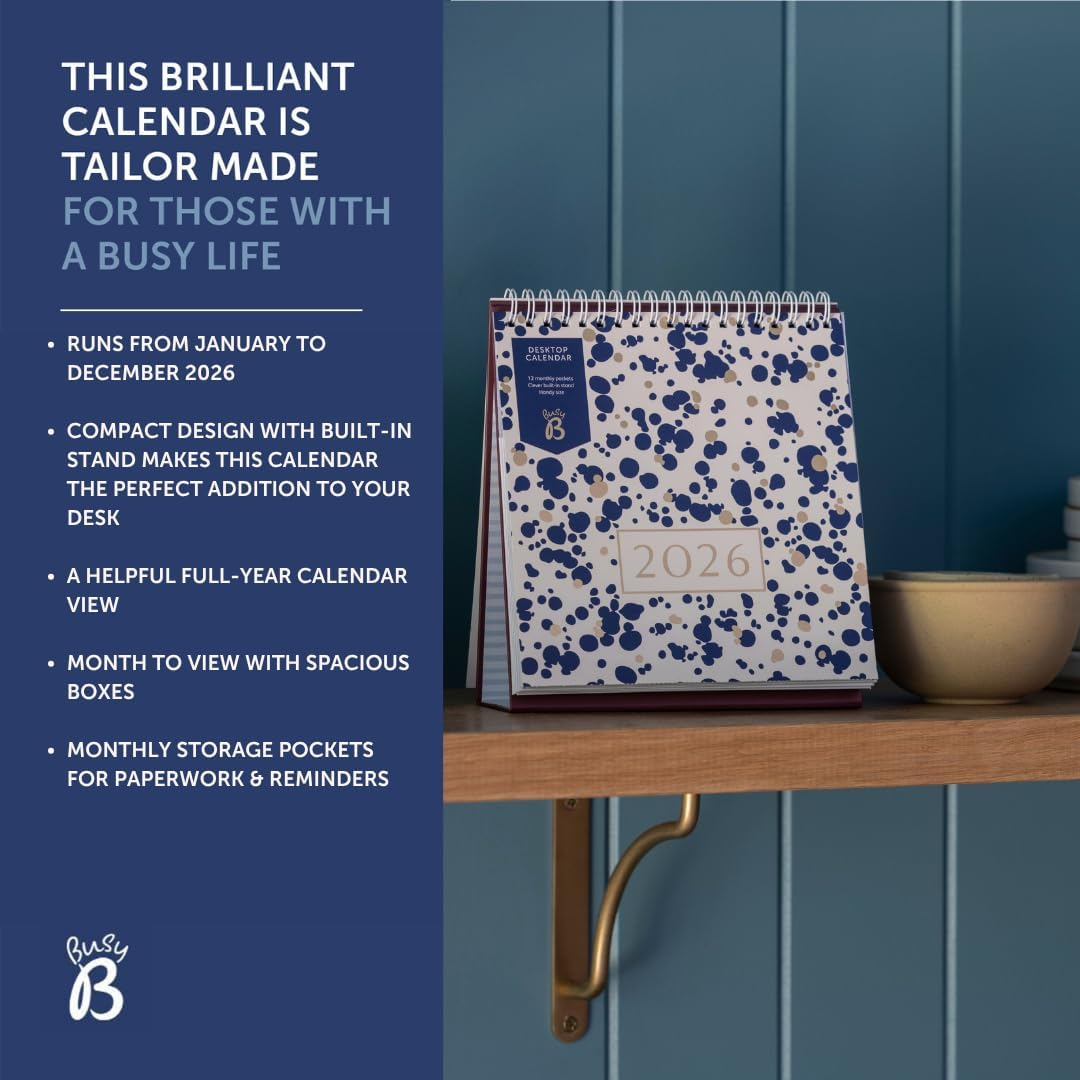 Busy B 2026 Desk Calendar &ndash; Jan to Dec, Navy Spray 2026 Calendar with Built-In Stand & Flip-Top Binding Dessk Calendar for Office or Home - Year Planner with Pockets for Organised Planning - Navy Spray image number 3