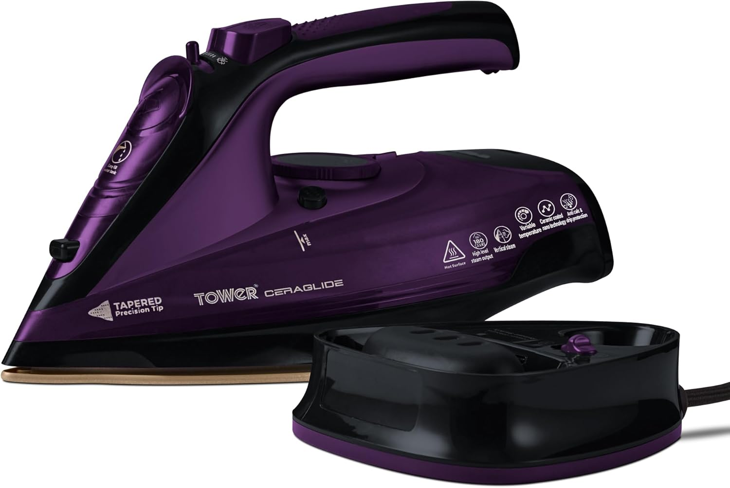 Tower T22008 Ceraglide 2-In-1 Cord or Cordless Steam Iron with Non-Stick Ceramic Soleplate, 160G Steam Boost, anti Drip, anti Scale, anti Calc and Self Cleaning Functions, 2400 W, Purple