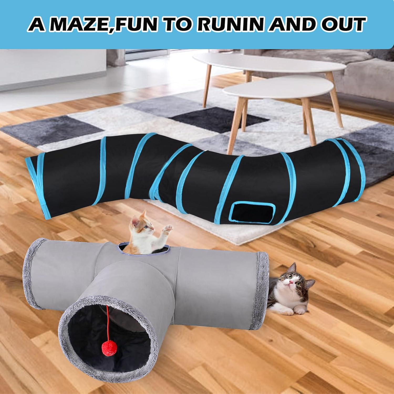 Cat Tunnel, 2 Pieces Cat Toy Tunnel, 3-Way, S-Shape, Cat Tunnel Labyrinth, Cat Play Tunnel Toys for Cats, Rabbits and Small Animals (Blue, Grey) image number 2
