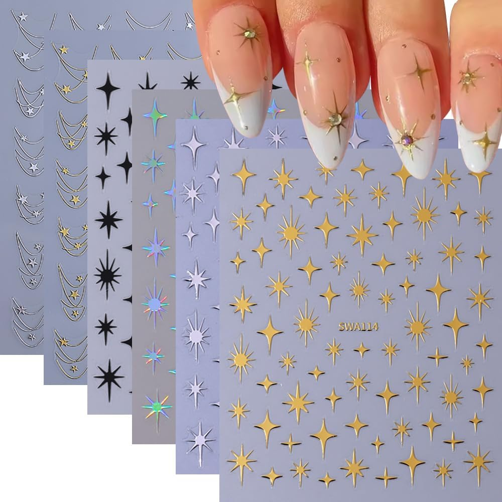 Missjelly 6 Sheets Star Nail Stickers, 3D Nail Stickers, Starlight Nail Art Stickers image number 5