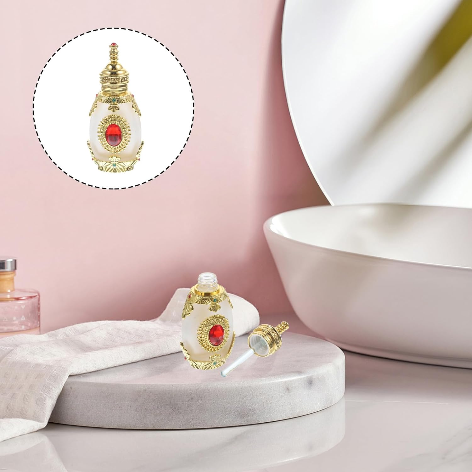 HINTRMENT Vintage Style Perfume Bottle Red Stone Essential Oil Container Refillable Middle Eastern Fragrance Storage Bottle for Anointing Oil and Travel Use image number 3