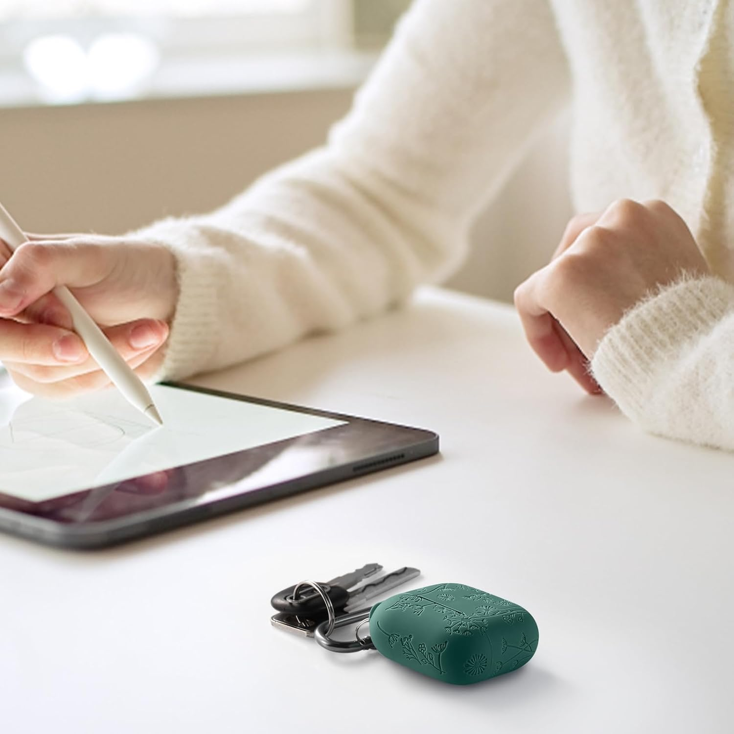 Ouwegaga Compatible with Apple Airpods 4Th Generation Case Cover(2024), Soft Silicone Flower Print Engraved Full Protective Cover for Airpods 4 Case (USB-C) with Keychain for Women Men, Pine Green image number 1