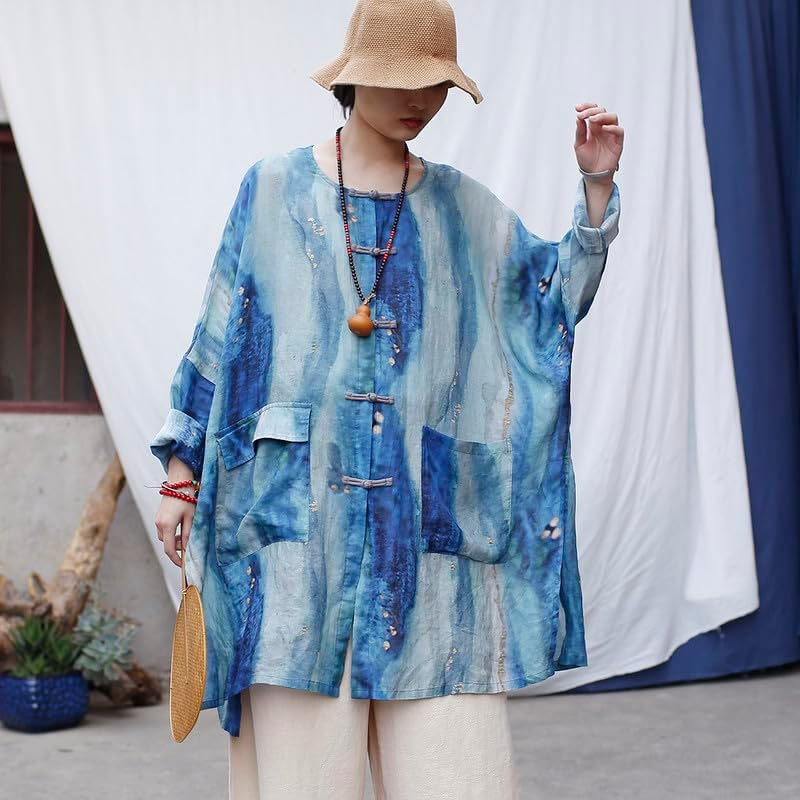 Bohemian Summer Linen Blend Shirt Dress Loose Fit Long Tunic Top with round Neck image number 1