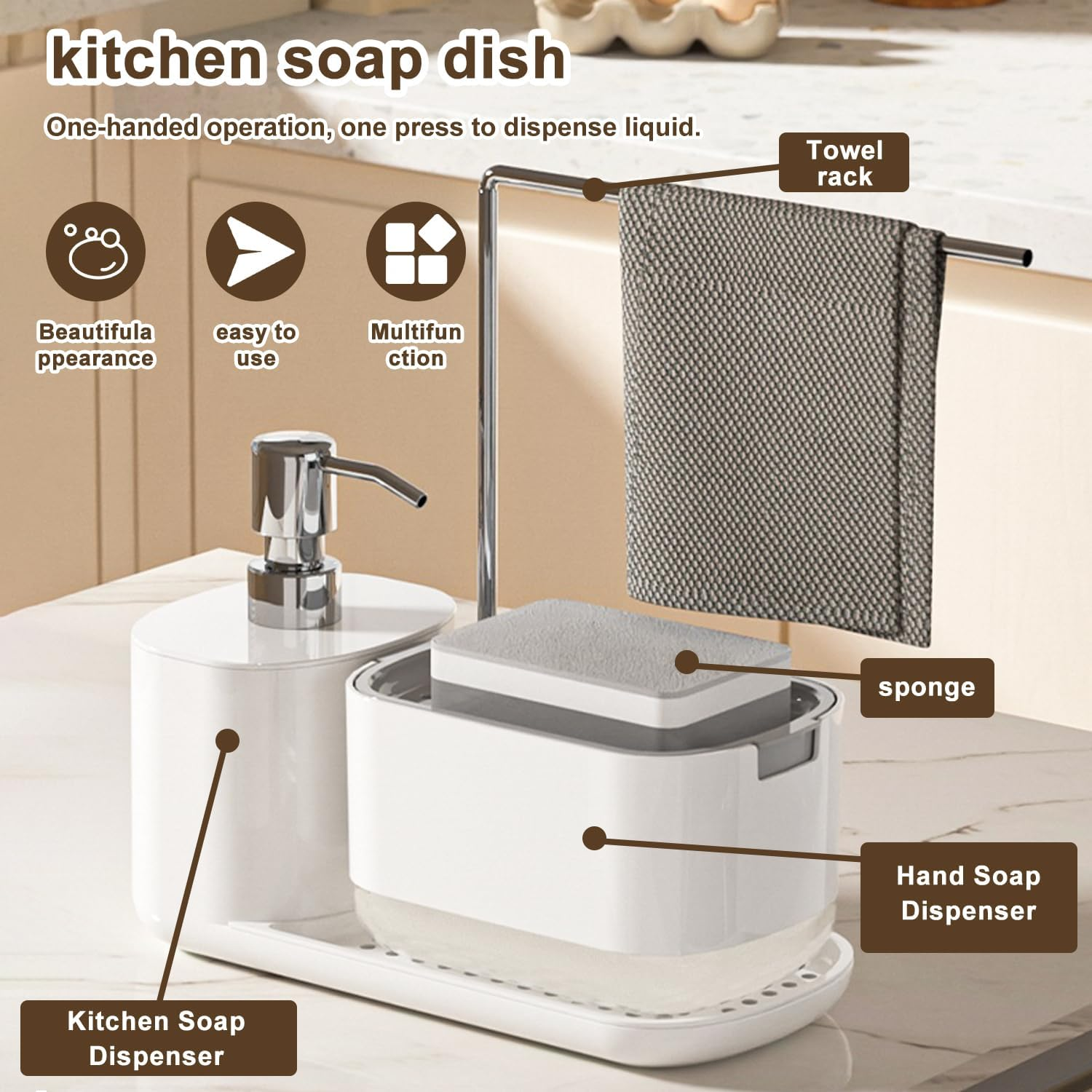 AMZYYDS 4 in 1 Hand Soap and Dish Soap Dispenser for Kitchen with Sink Organizer Dual Dispenser for Dishwashing and Hand Washing,Kitchen Sink Caddy for Storage of Sponges and Washcloths (White)