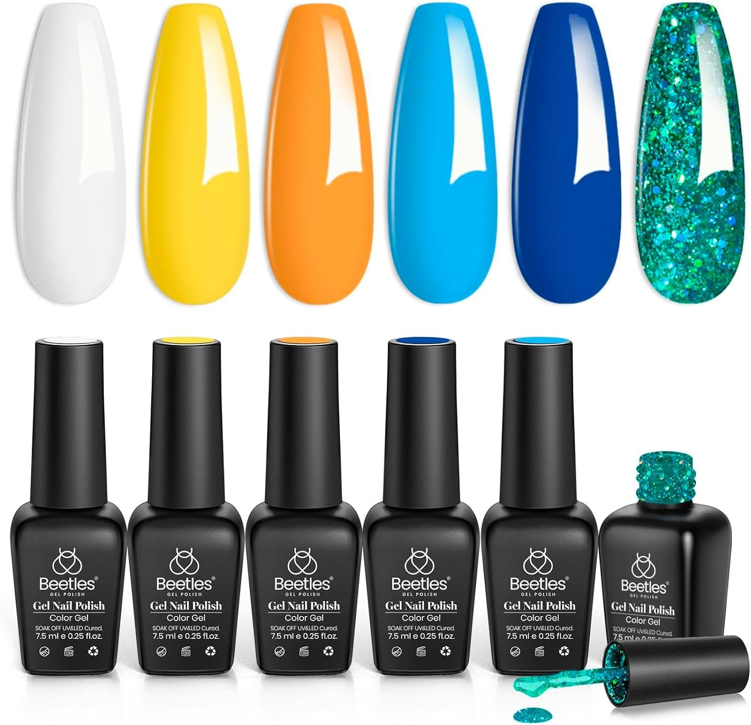 Beetles Gel Polish Gel Polish Set, 6 Colors Blue Orange Glitter Green Gel Polish Kit, Soak off UV LED Nail Lamp Nail Art Manicure Kit, DIY Home Salon Women and Girls image number 5