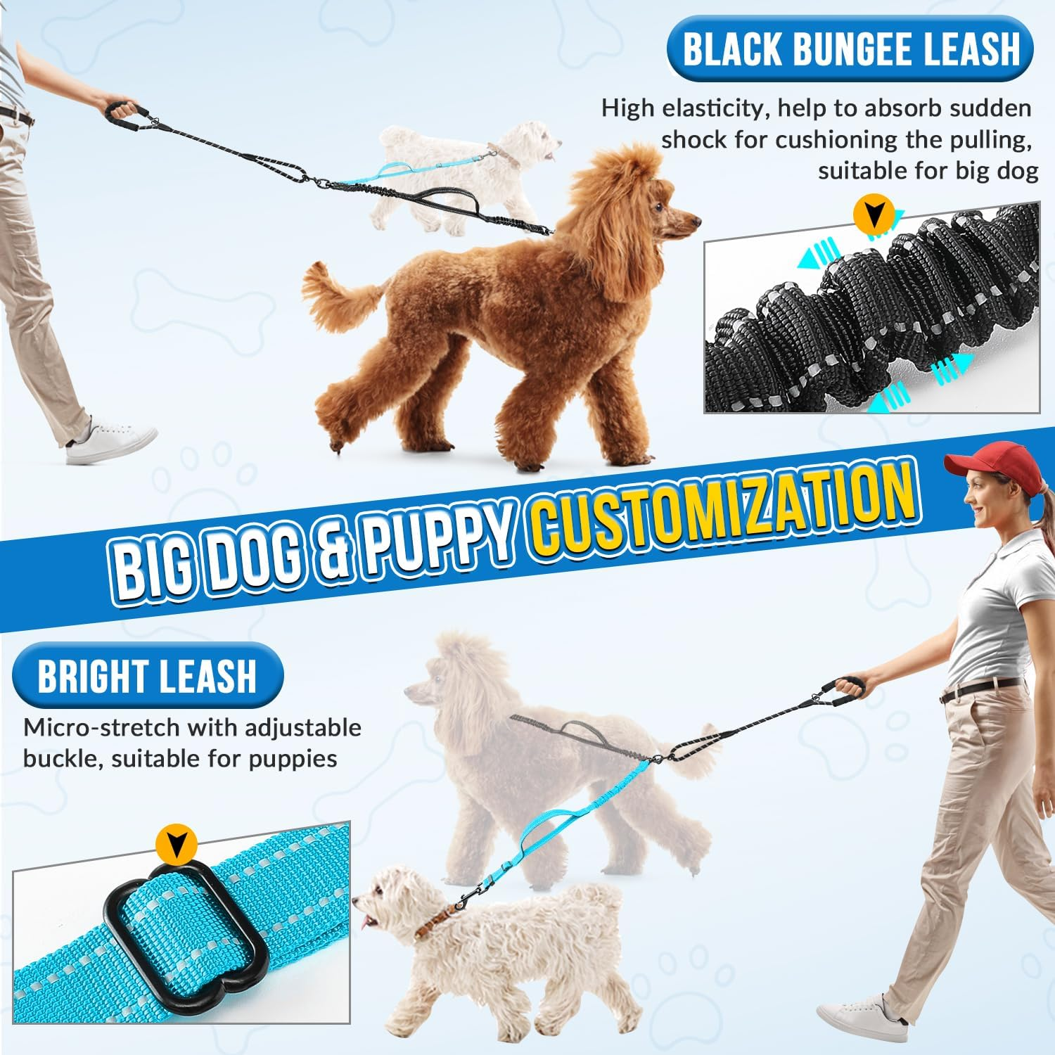 Slowton Double Leash for Two Small Dogs, No Tangle 360&deg; Swivel Dual Dog Leashes with 4 Handles, Super Lightweight for Puppy under 20Lbs, Reflective Adjustable Strap and Shock Absorbing Bungee image number 3