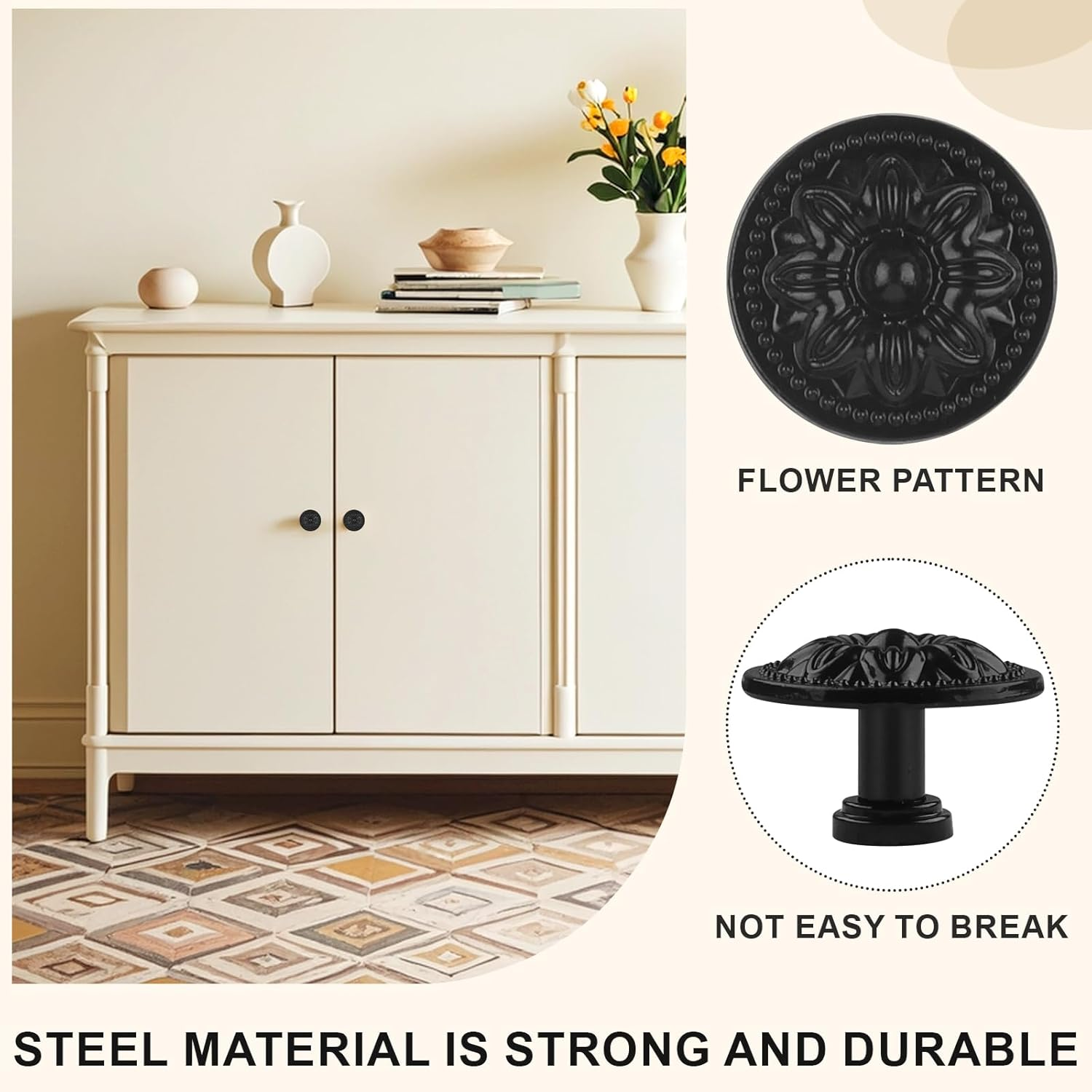 Ynewl Pack of 12 Vintage Furniture Handles, 30 Mm round Furniture Knobs with Screws Screwdriver, Floral Pattern Cabinet Knobs - Used for Cupboards, Wardrobes, Furniture and Hardware Handles (Black