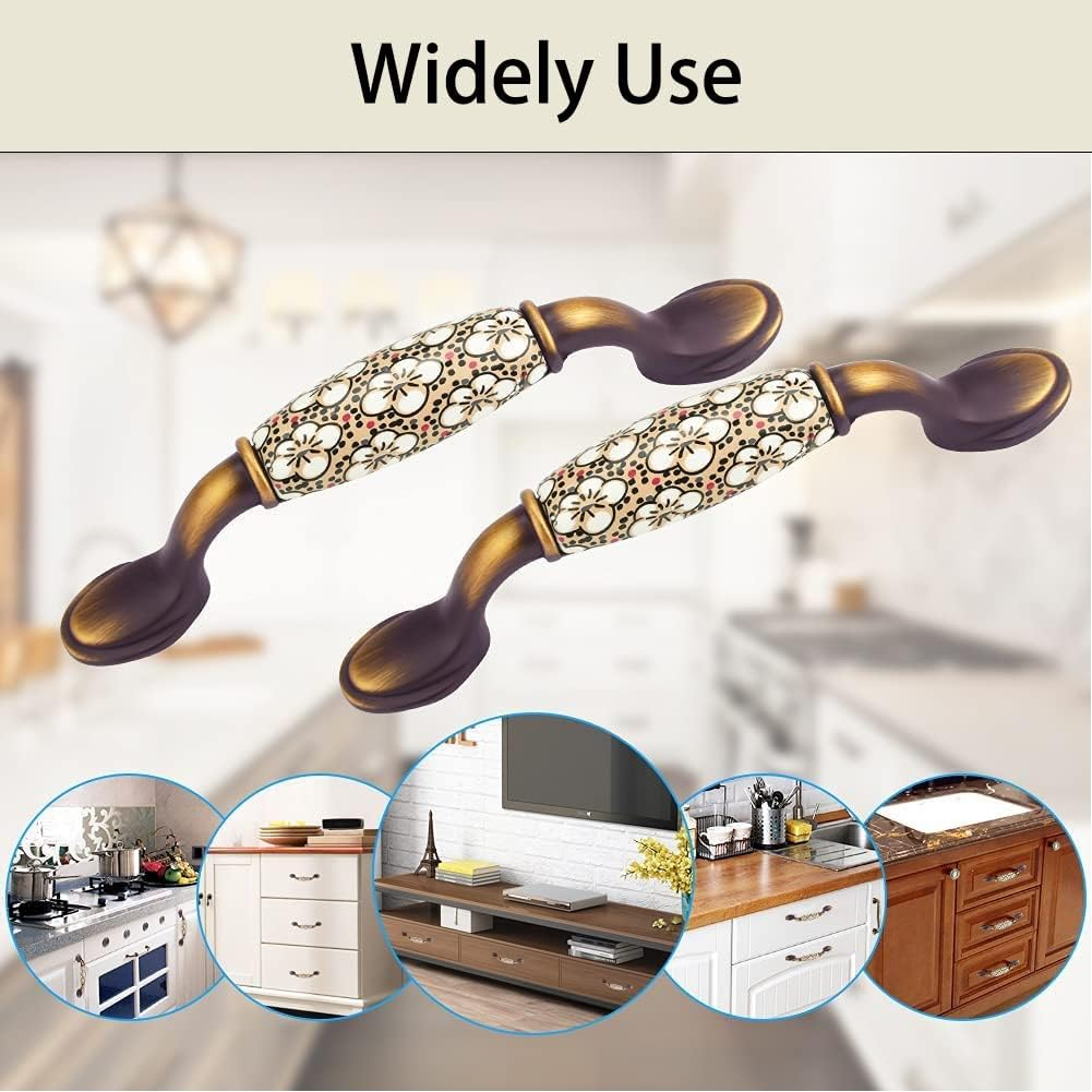 Vulevirtue Pack of 2 Vintage Floral Pattern Cabinet Handles, Floral Pattern Door Handles, Ceramic Cabinet Handles, Cupboard Drawer Push Handle with Screws, for Kitchen Drawer Cupboards Door (144 X 40 image number 2
