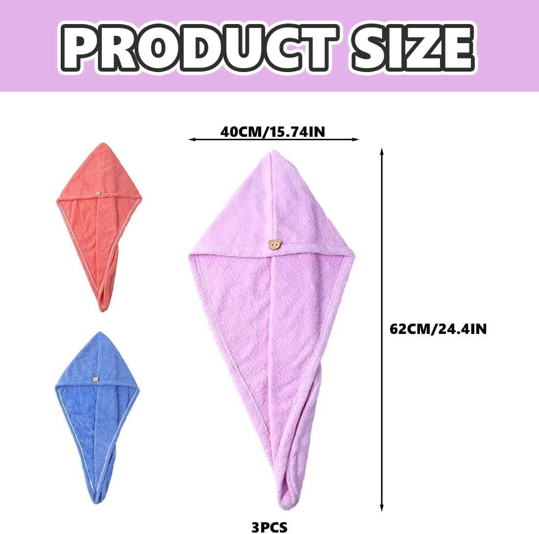3 Pack Microfiber Hair Drying Towel Hair Drying Towel with Buttons, Super Absorbent, Quick Drying, Fluffy image number 3