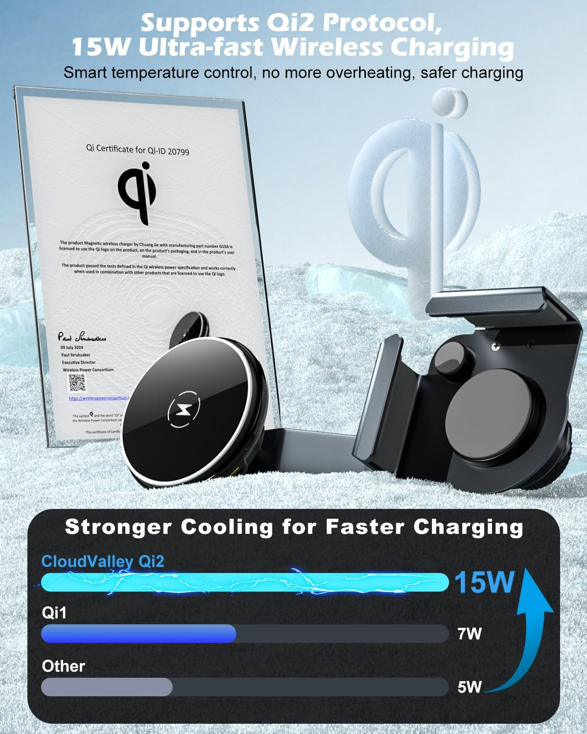 Cloudvalley Qi2 15W Wireless Charger Phone Holder Compatible with Tesla Model Y/3/S/X/Cybertruck, Adjustable Magnetic Car Mount, Extendable Metal Design for Iphone Charging image number 4