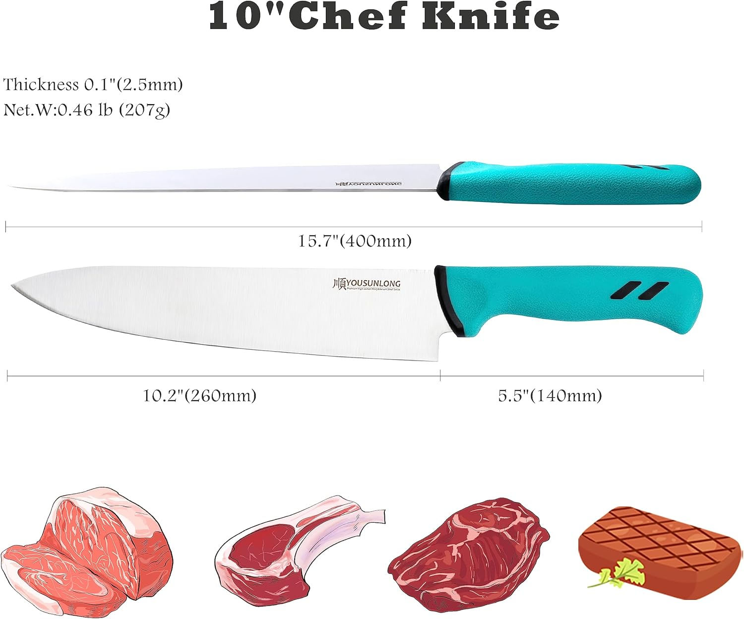 YOUSUNLONG Chef Knife - 10 Inch - Premium High-Carbon Molybdenum Steel Blade - Butchery Meat Processing Knife - Meat Cleaver Kitchen Knives - Ergonomic & Non-Slip Handle image number 4