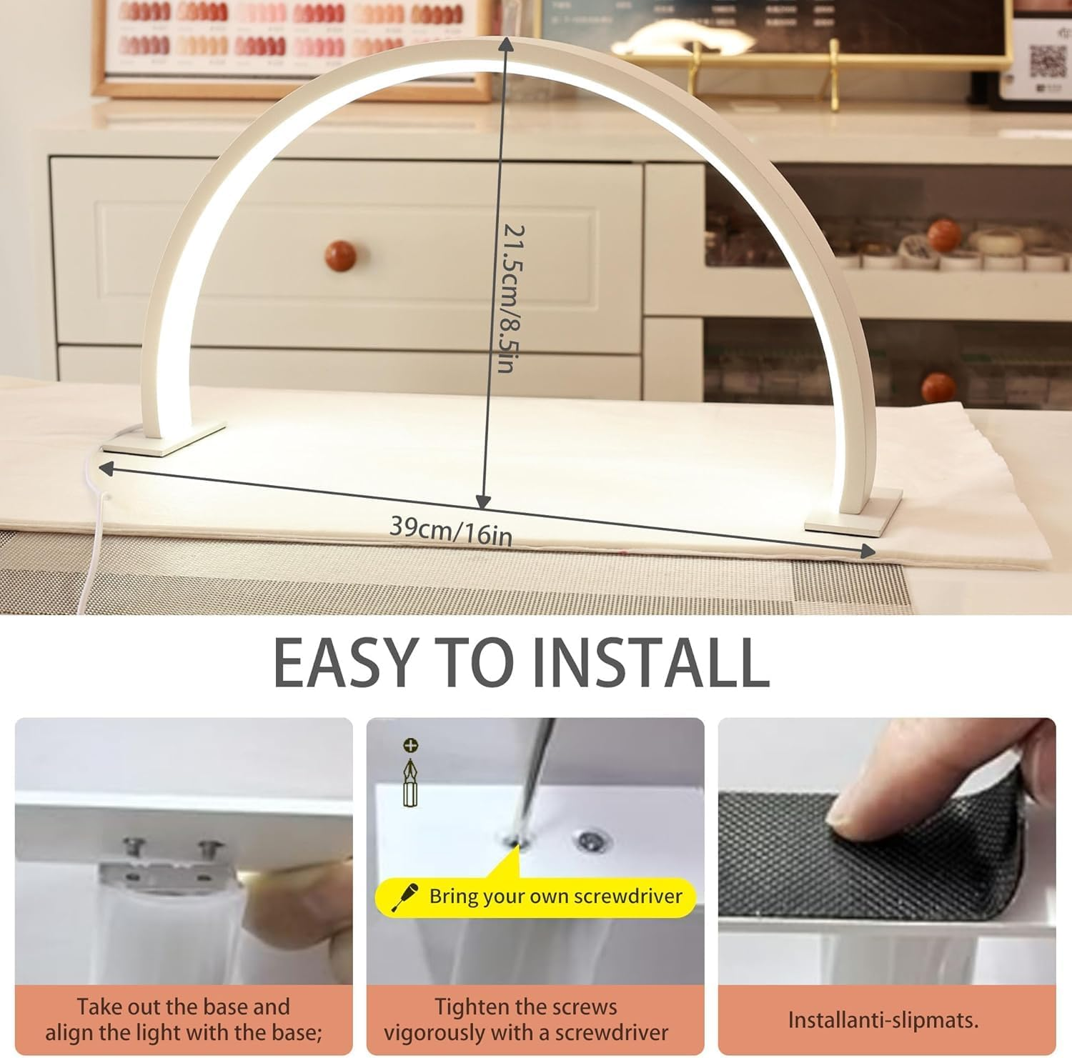 Nail Desk Lamp with Half Moon Light,Led 3D Fill Light, 3 Adjustable Light Colors, Suitable for Beauty, Eyelashes, Nail Art, Skincare, Embroidery, Etc (White) - Pink image number 3