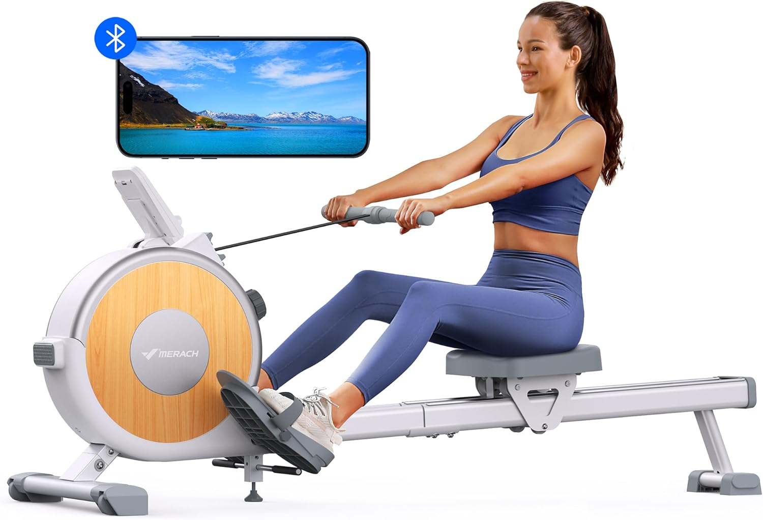 Merach Rowing Machines for Home, Quiet Magnetic Rower Machine 16 Levels of Resistance, Dual Slide Rail with Max 350Lb Weight Capacity, App Compatible with LCD Monitor, Q1S