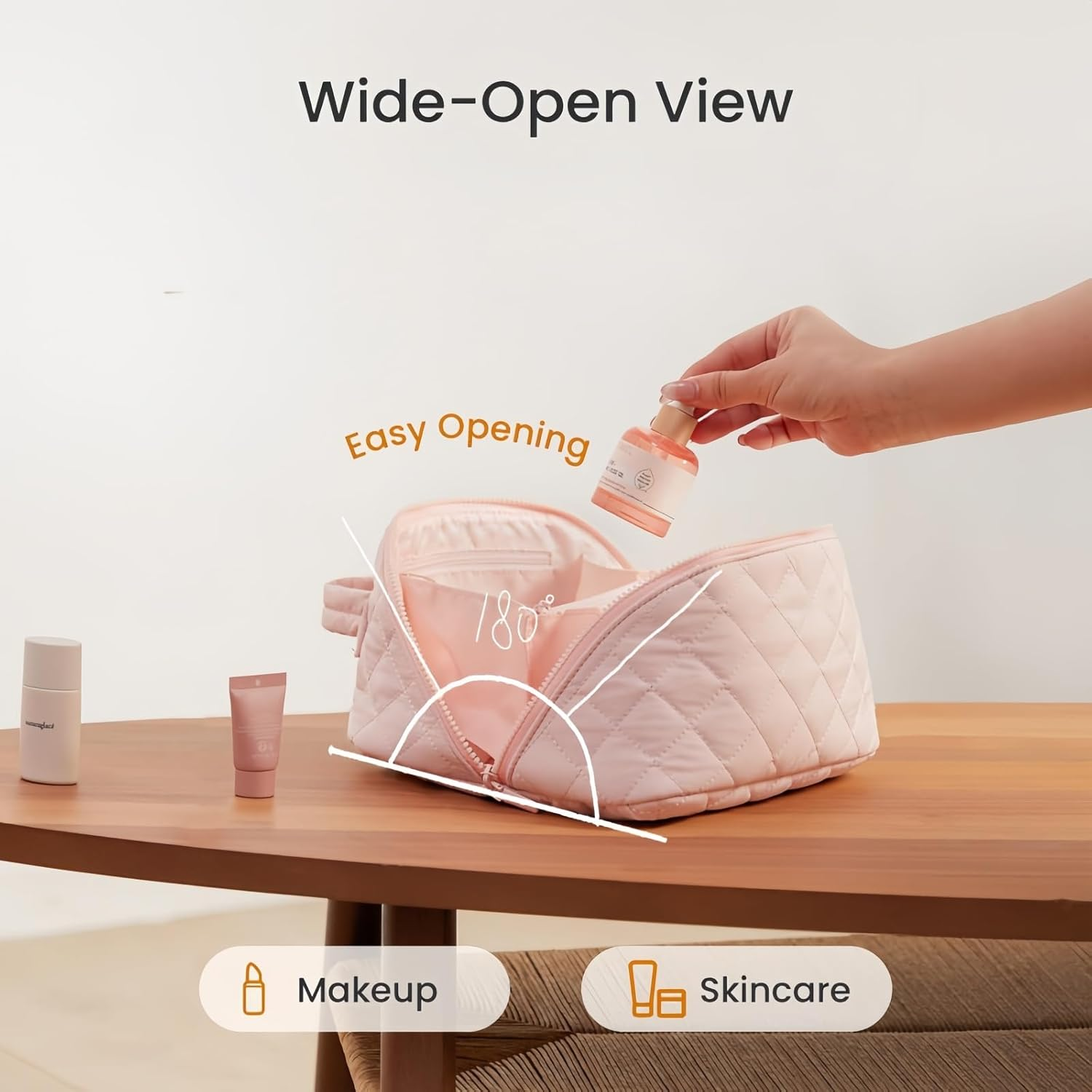 Kawlxpp Petition Makeup Bag for Women, Wide Open Lay-Flat Large Capacity Travel Cosmetic Case with Compartments, Water-Resistant Puffy Organizer for Toiletries & Brushes (Black, 4L) - Pink image number 3