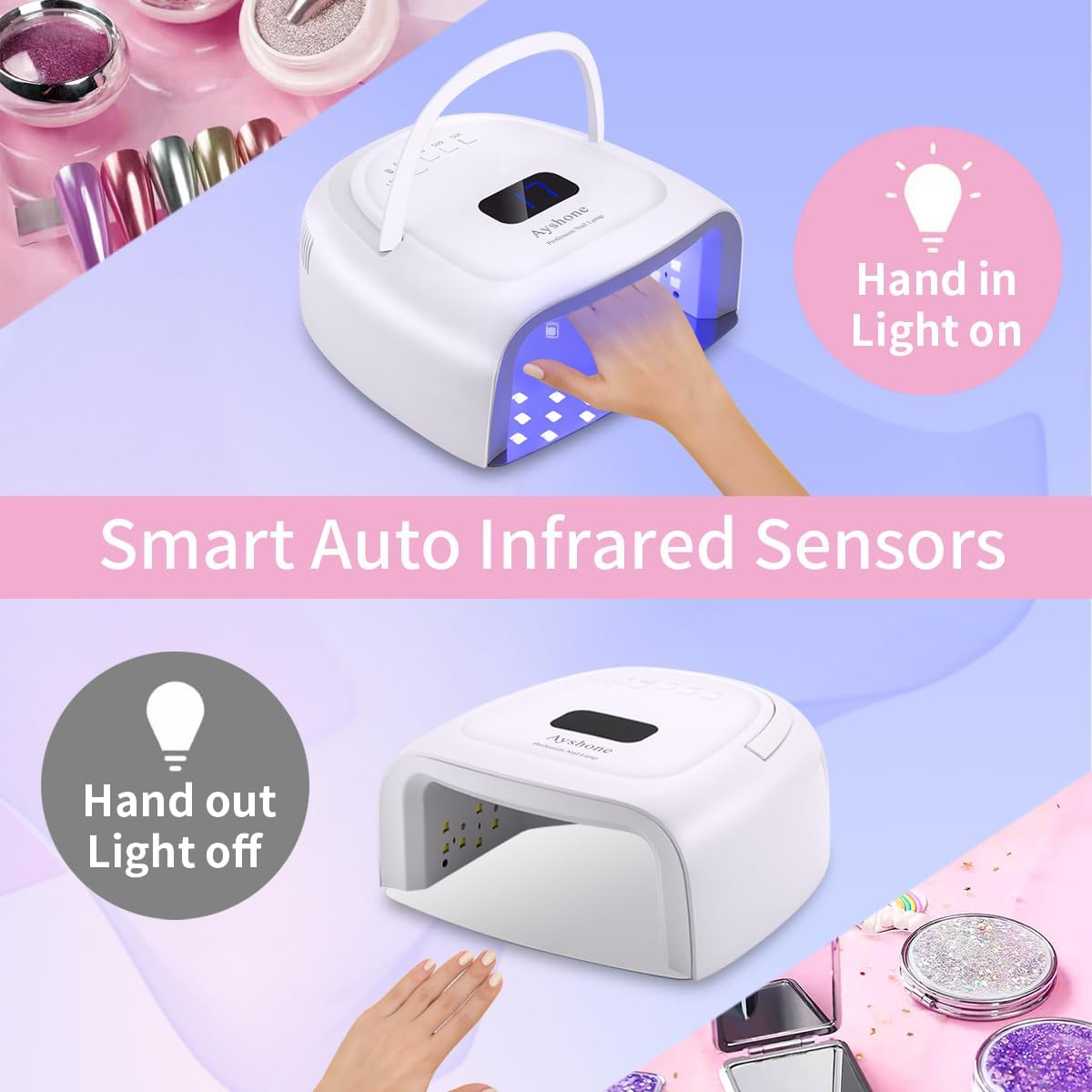 Ayshone Rechargeable LED Gel Nail Lamp,60W Cordless UV Led Nail Light Nail Dryer for Gel Nails with Lifting Handle Touch Sensor LCD Screen(White) image number 5