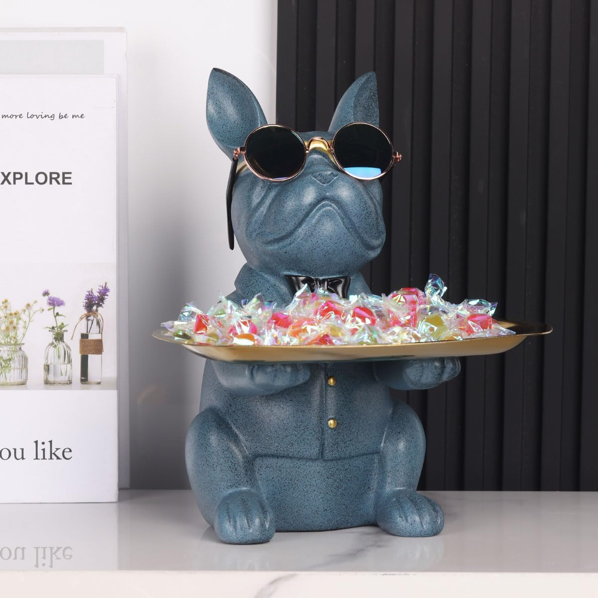 QIANLING Blue Bulldog Tray Holder Storage Desk Table Trays Decorative Animal Bulldog Sculpture Home Decor Statue Coin Piggy Bank Multi-Function Office Home Entrance Key Snack Storage Tray image number 6