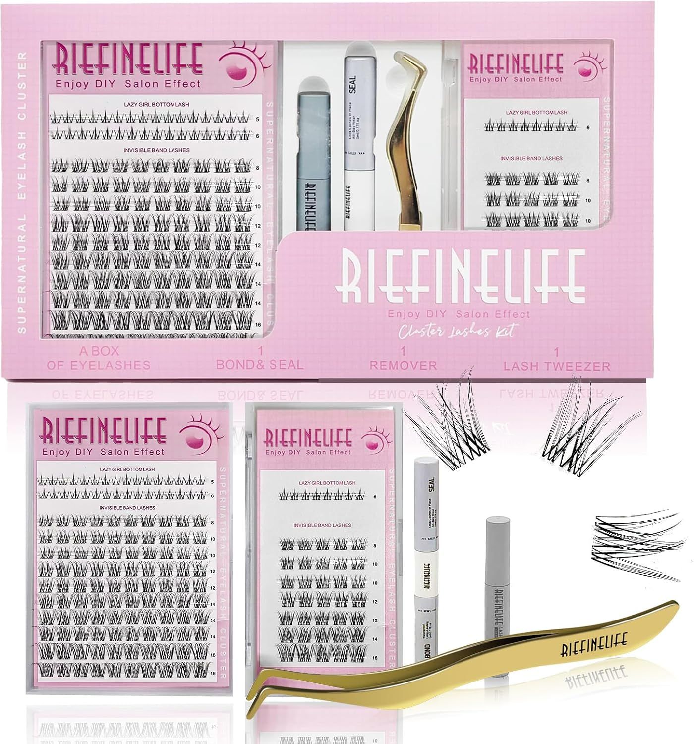 Spiky Cluster Lashes, Wispy 8-18Mm DIY Eyelash Extensions Kit, C and D Curl Pro Cluster & Individual Lashes with Bond, Remover, Applicator, Tweezers,Eyelashes Clusters Kit for Home and Party (Black-Mangga)