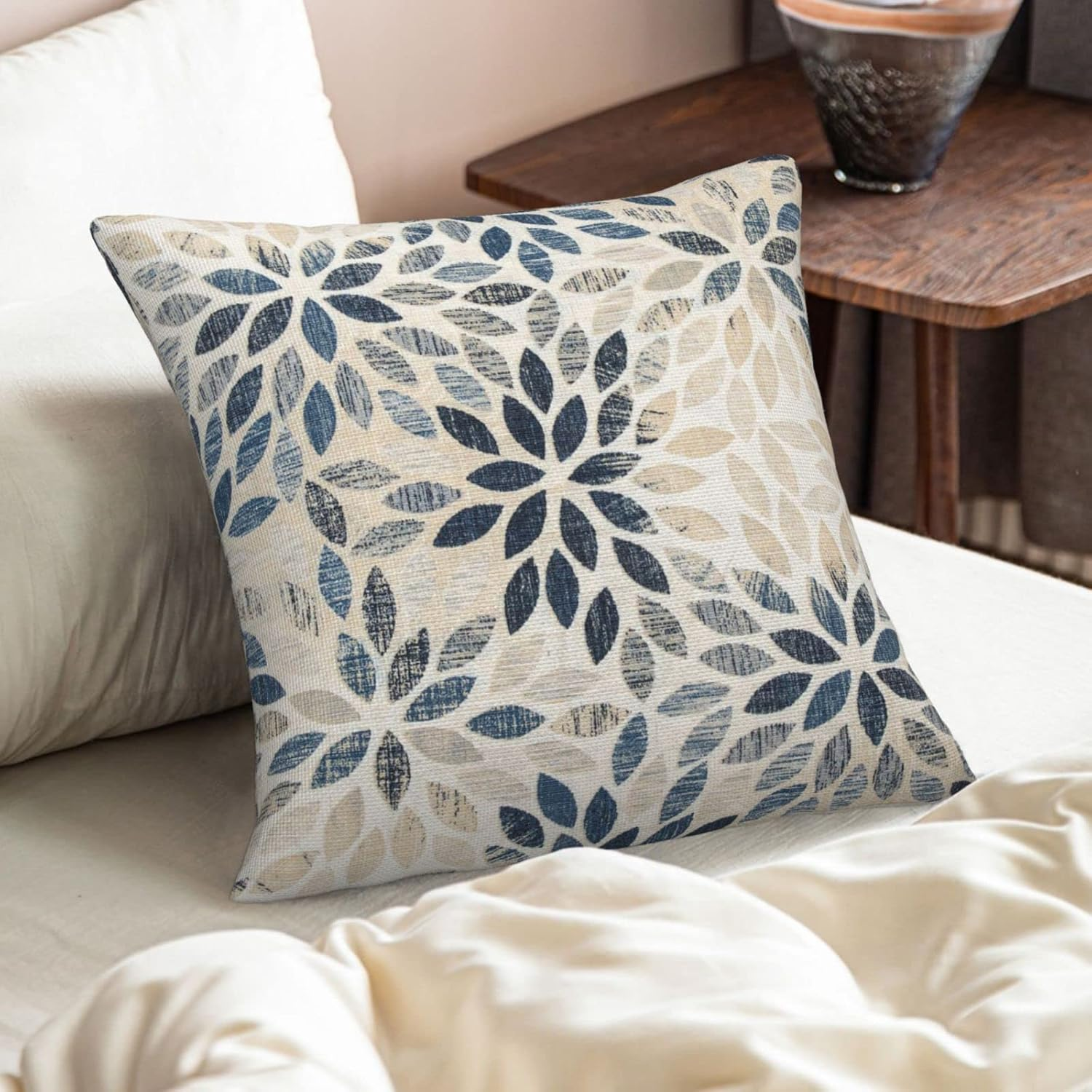Dahlia Pillow Covers 18X18 Inch Set of 2 Summer Rust Geometric Flower Outdoor Decorative Throw Pillows Farmhouse Navy Blue Pillow Case Linen Square Cushion Cover for Home Sofa Bedroom Living Room